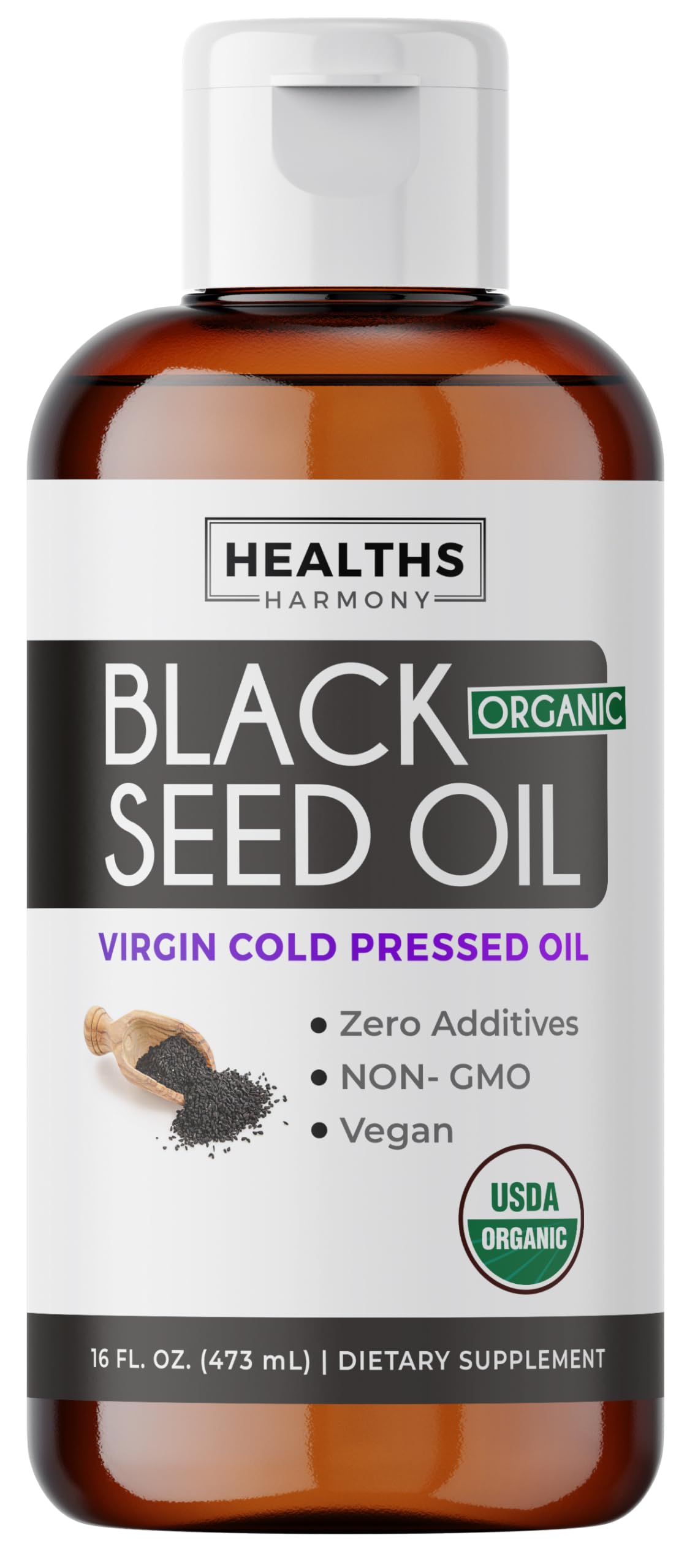 Healths Harmony: aceite de semilla negra en botella de 16 oz para apoyo antioxidante diario.