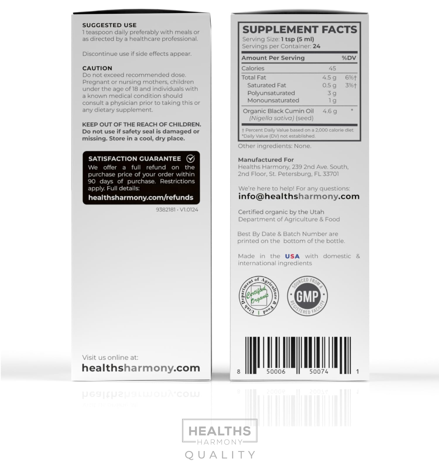 Healths Harmony aceite de semilla negra, composición natural y origen confiable.