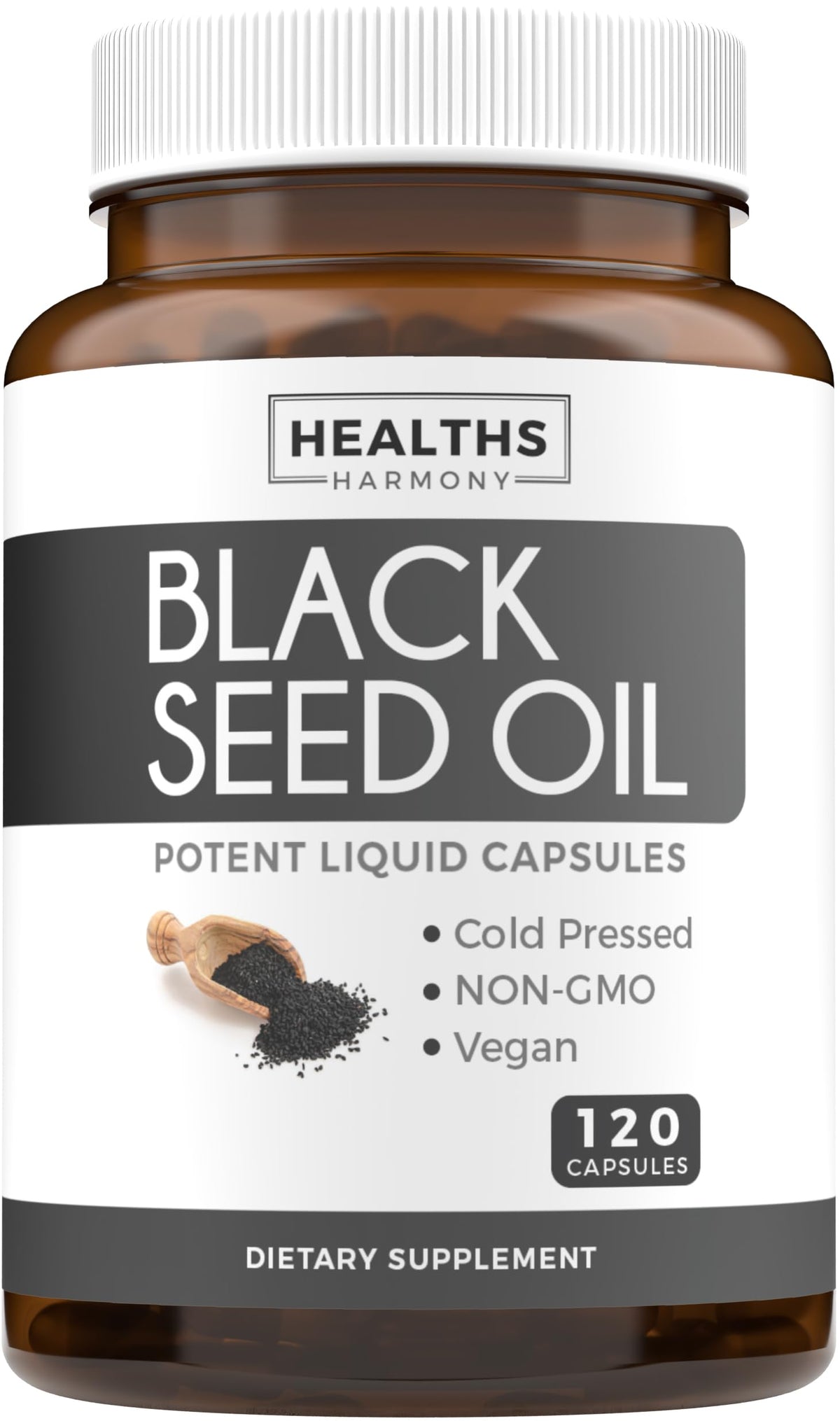 Healths Harmony Aceite de Semilla Negra, botella para ritual diario de bienestar.