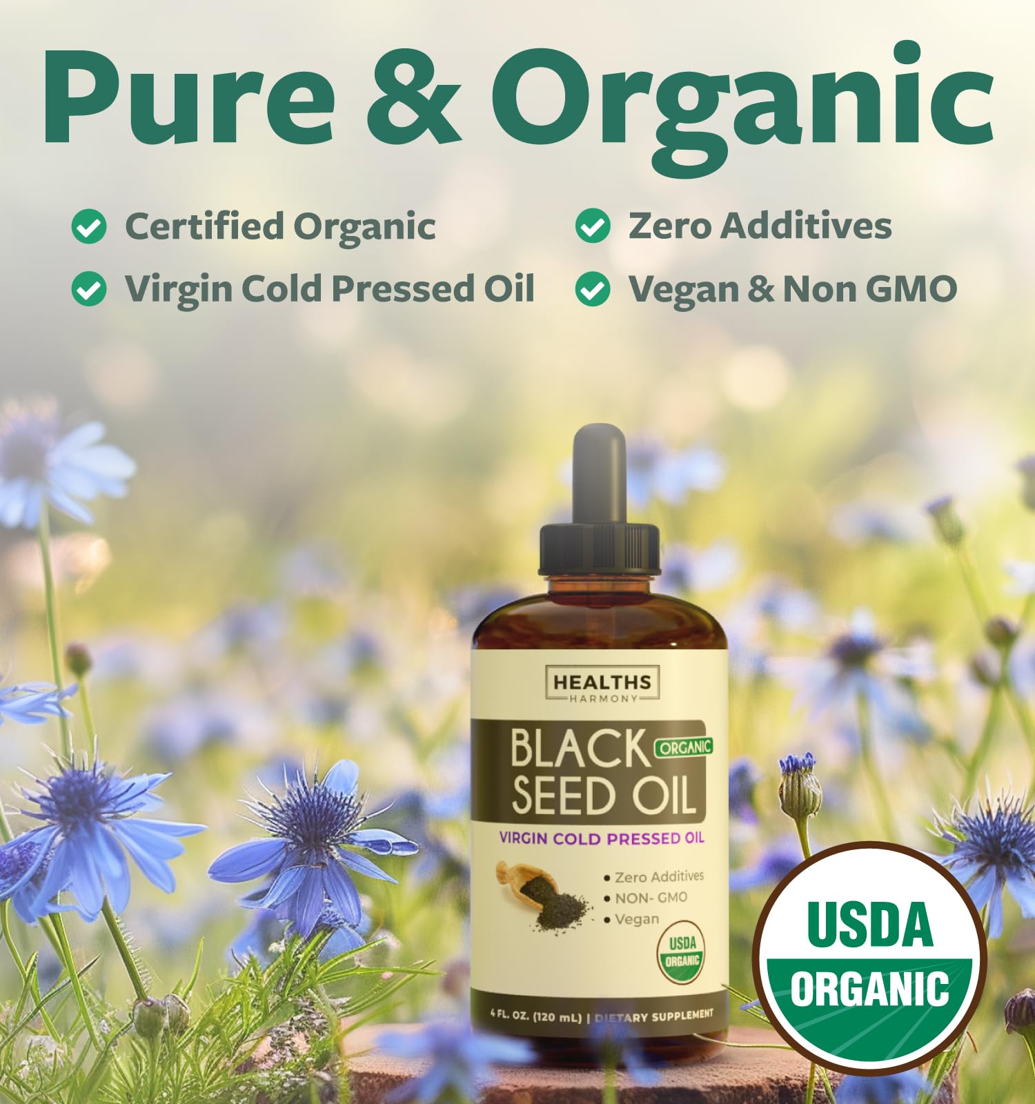 Healths Harmony aceite de semilla negra, etiqueta orgánica, certificado para confianza.