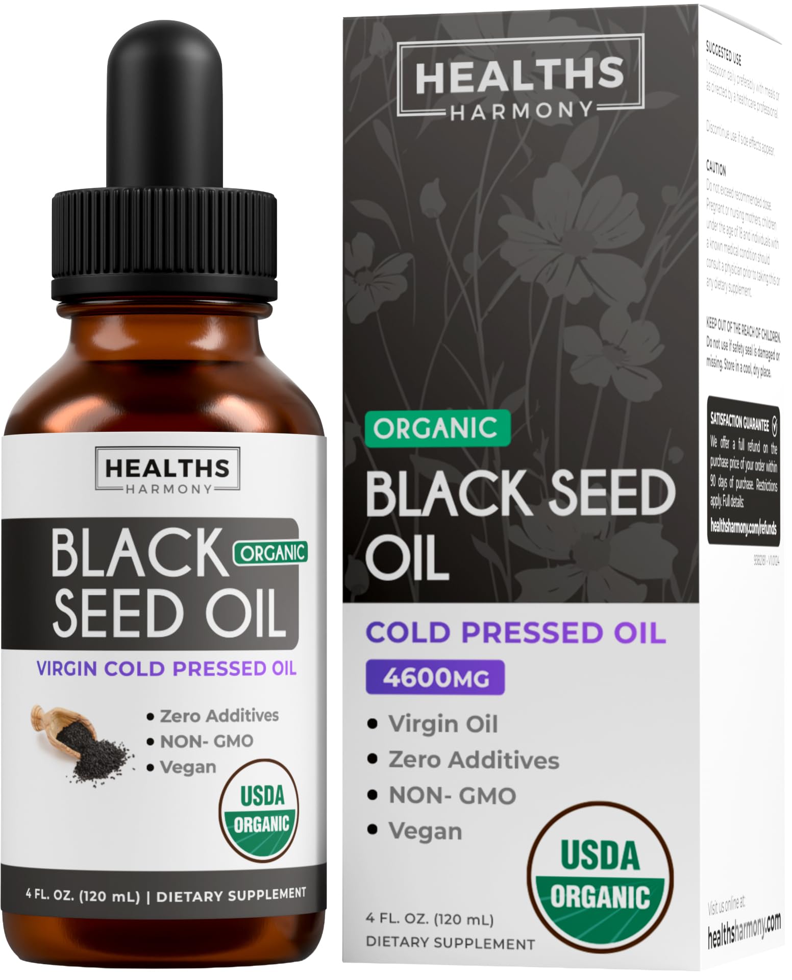 Healths Harmony aceite de semilla negra, frasco, aroma terroso y aroma suave para uso diario.