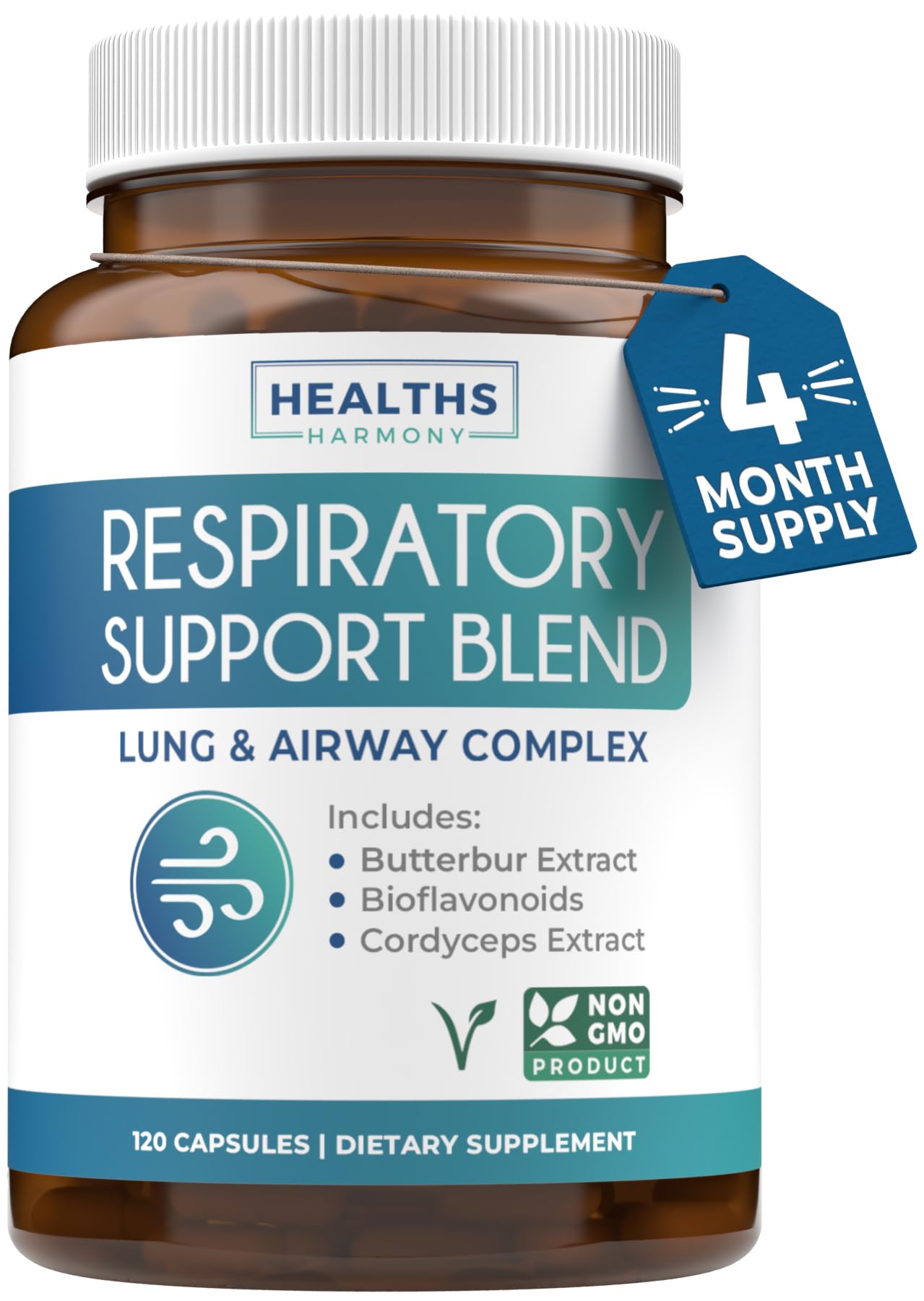 Healths Harmony: botella con dispensación visible para apoyo respiratorio diario.