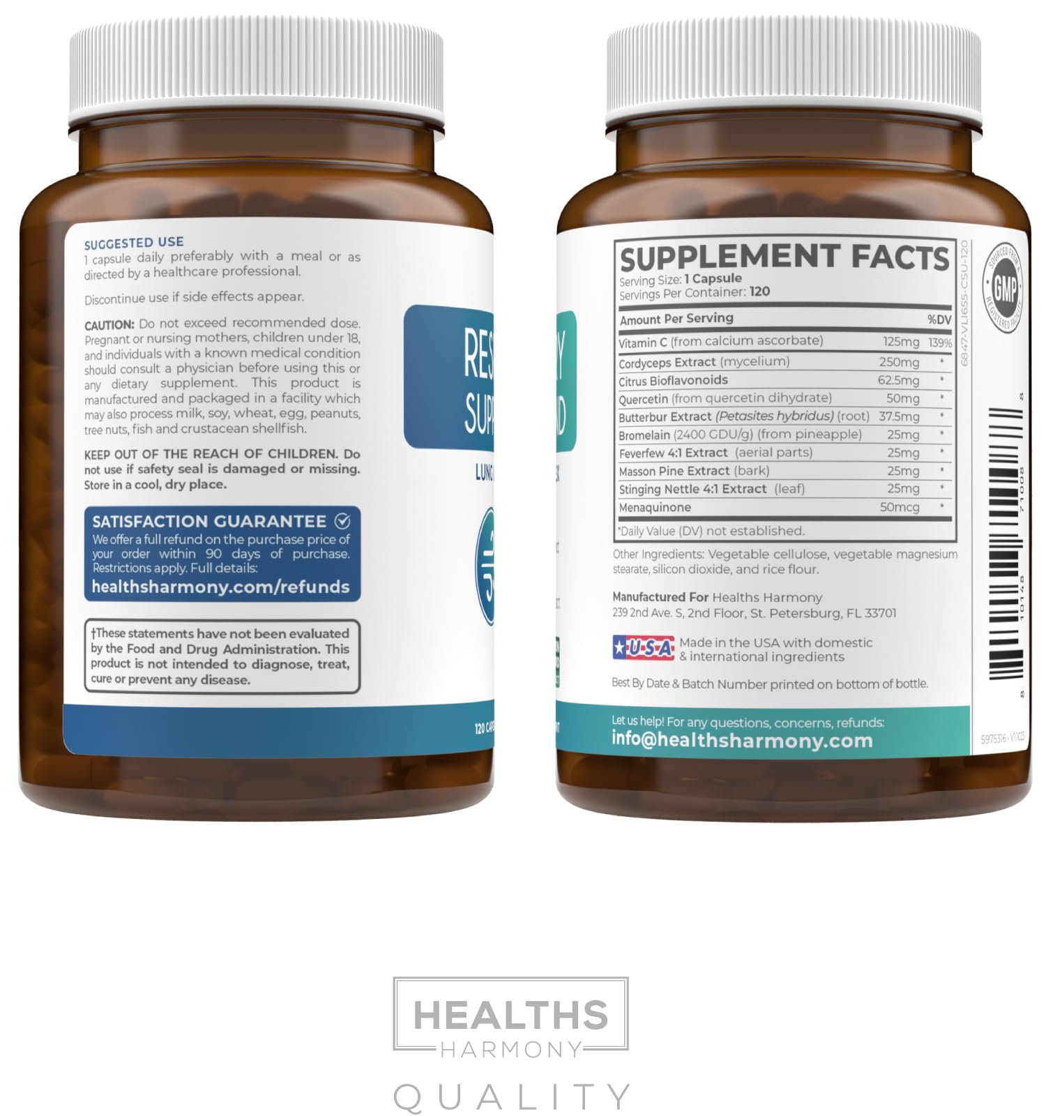 Healths Harmony: etiqueta y cápsula ilustrando apoyo respiratorio suave.