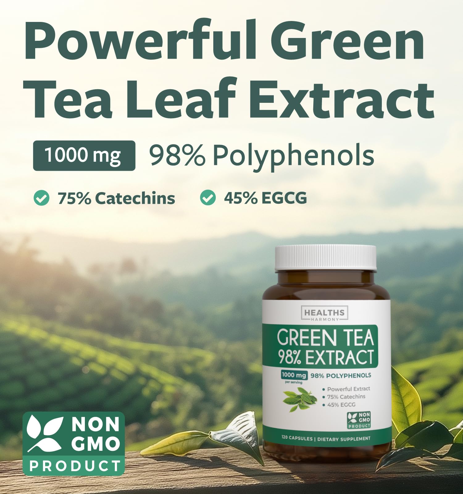 Healths Harmony EGCG cápsulas etiqueta frontal con dosis y beneficios