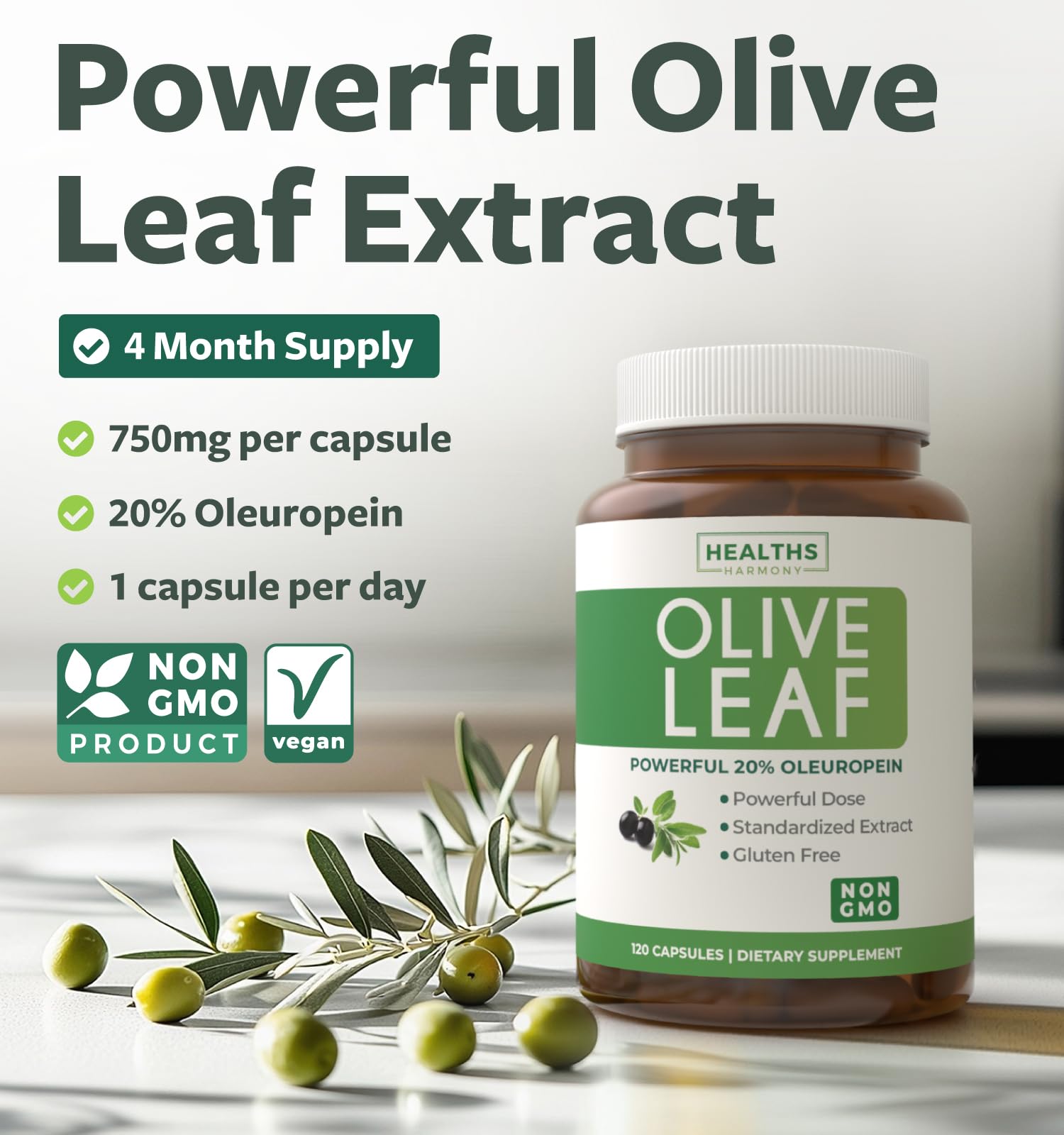 Healths Harmony etiqueta destaca oleuropeína 20% para beneficios potenciales.