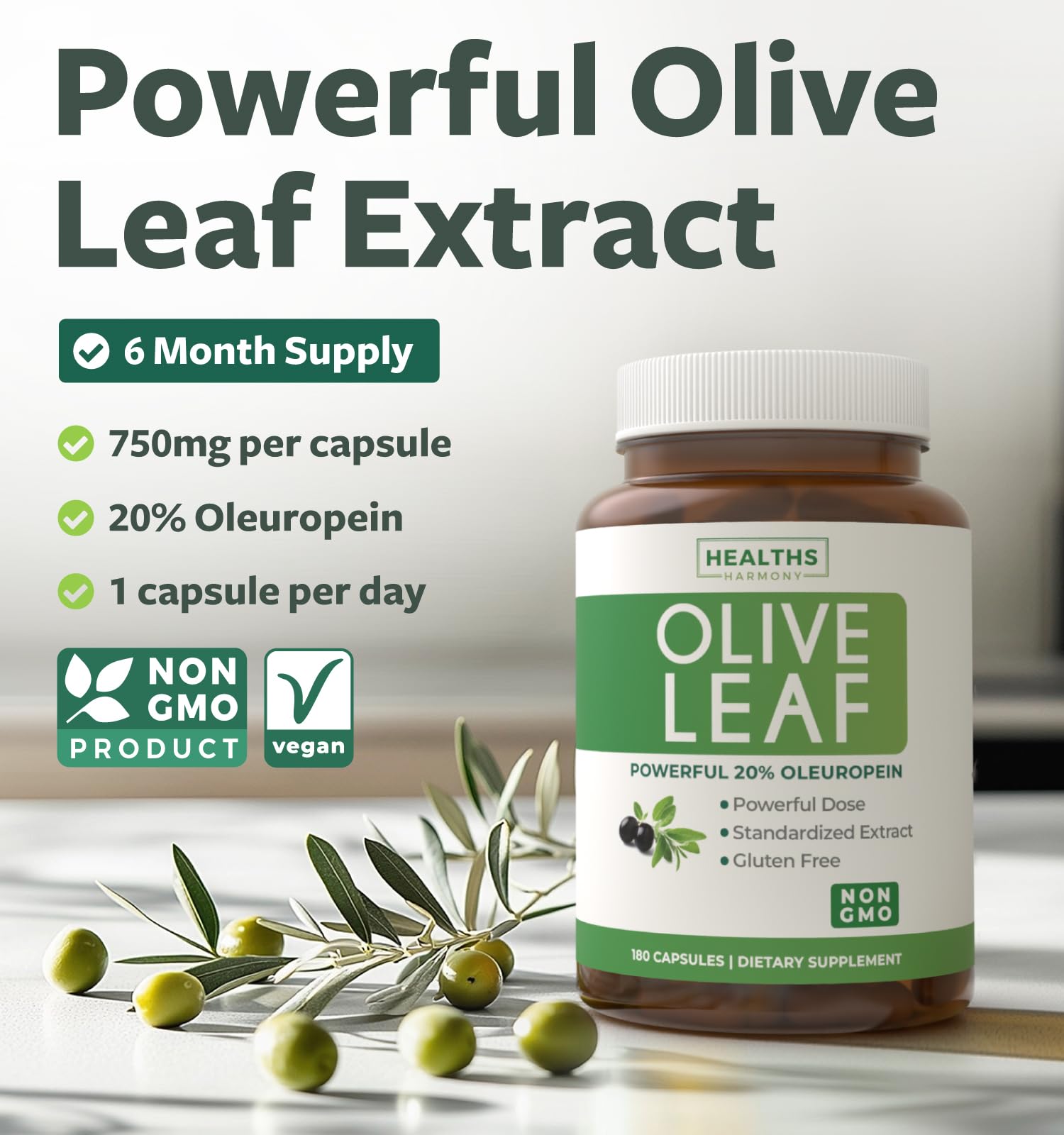 Healths Harmony: etiqueta resaltando oleuropeína al 20% para antioxidante.