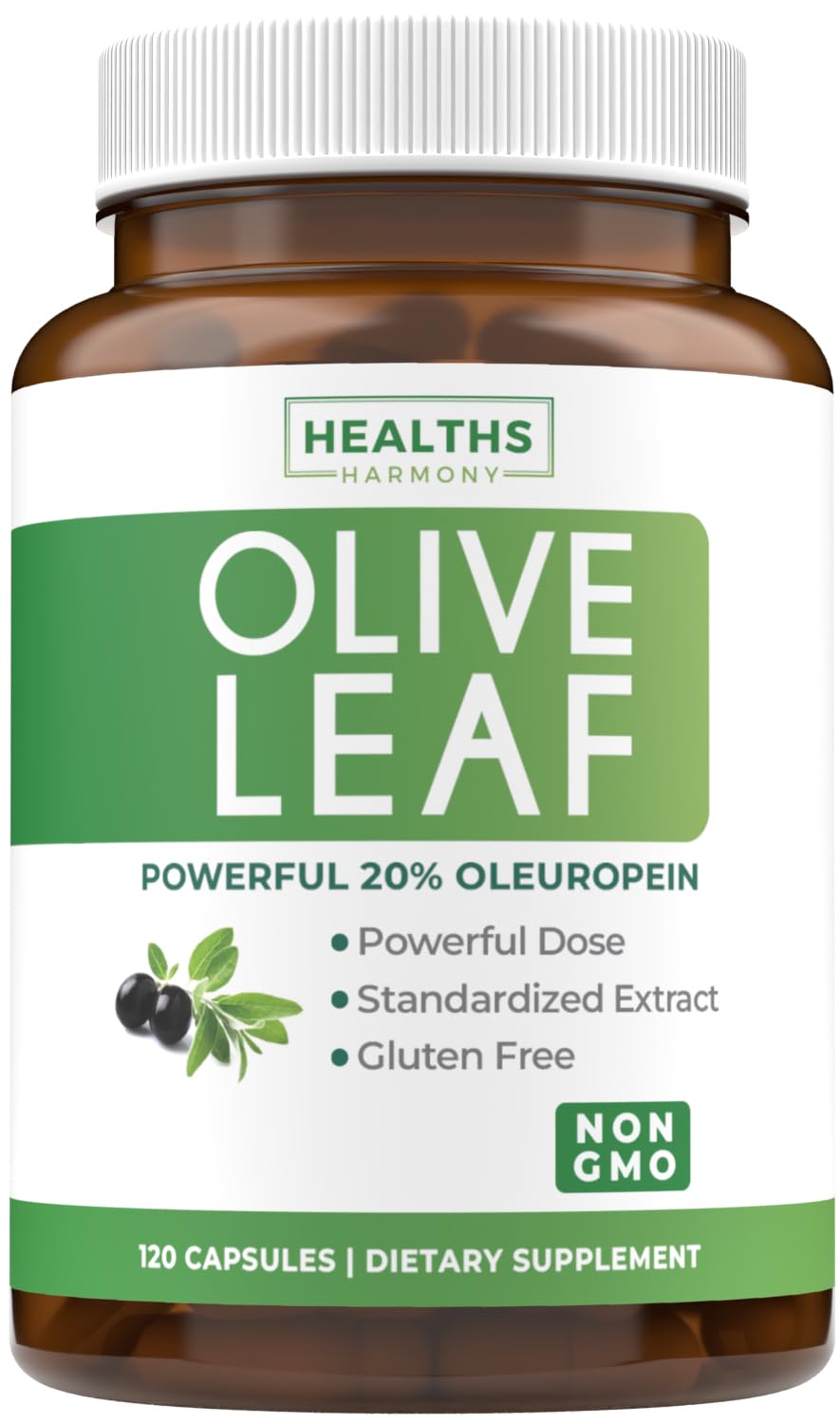 Healths Harmony frasco con cápsulas de hoja de olivo 750 mg para uso diario.