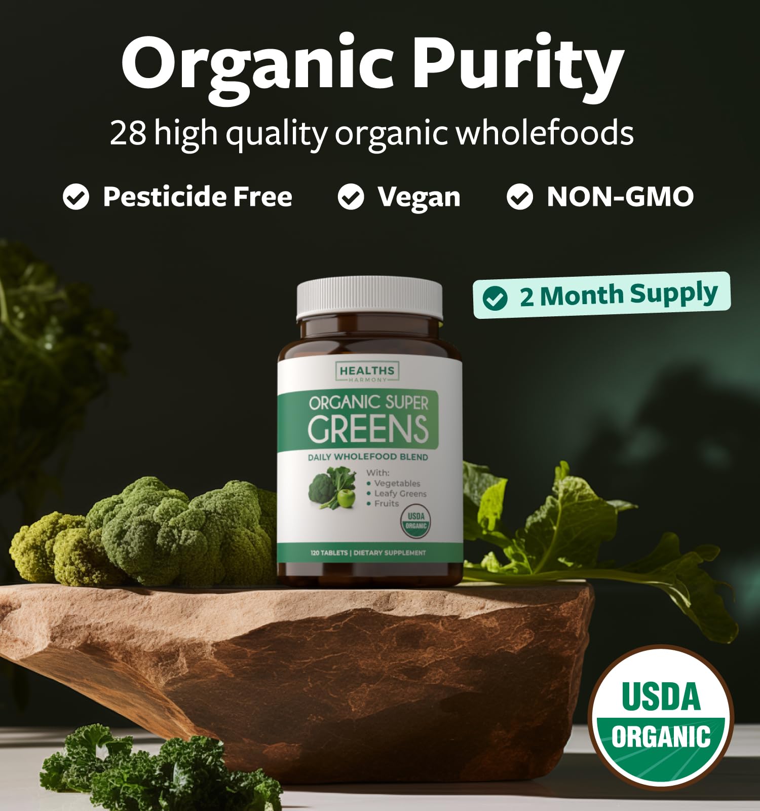 Healths Harmony mezcla frutas y verduras orgánicas para nutrición diaria.