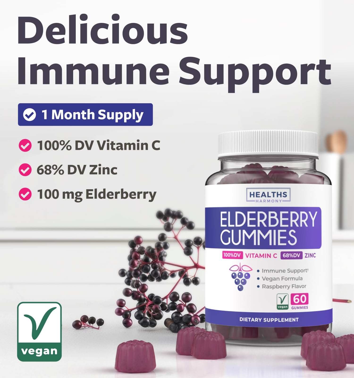 Healths Harmony gominolas de sauco negro detalle etiqueta, información clara de vitaminas