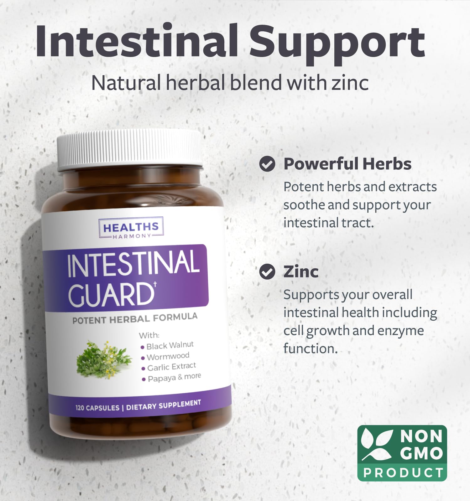 Healths Harmony Intestinal Guard: etiqueta frontal destaca fórmula natural y no transgénica