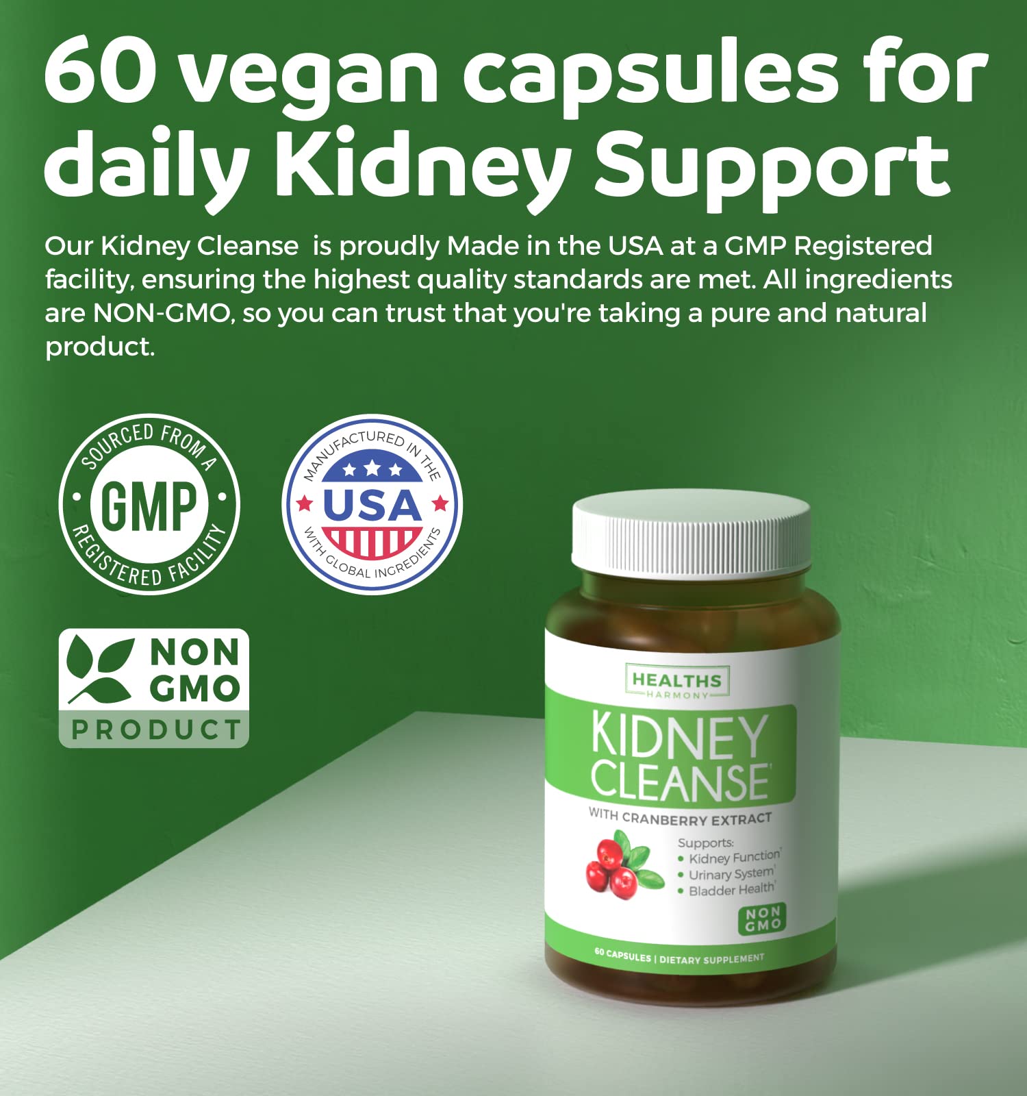 Healths Harmony Kidney Cleanse: etiqueta frontal clara con información clave.