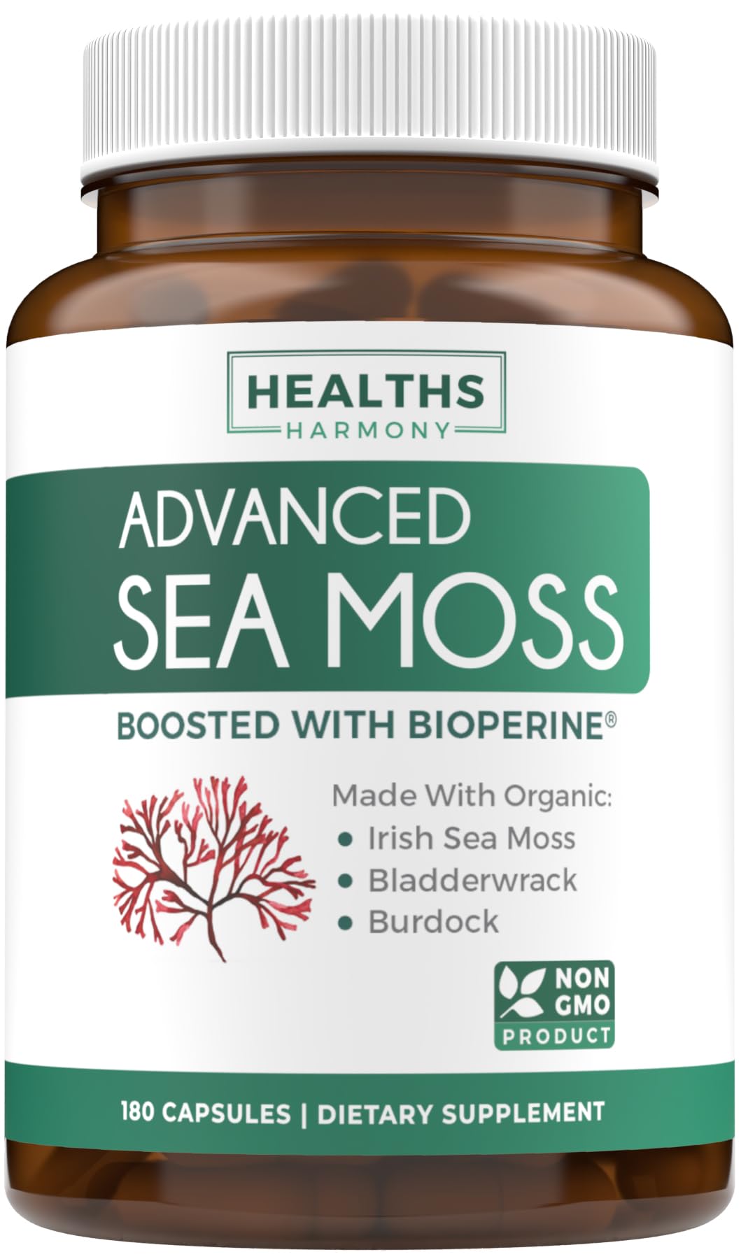 Healths Harmony cápsulas de musgo mar irlandés, envase principal, alto en nutrientes para uso diario.