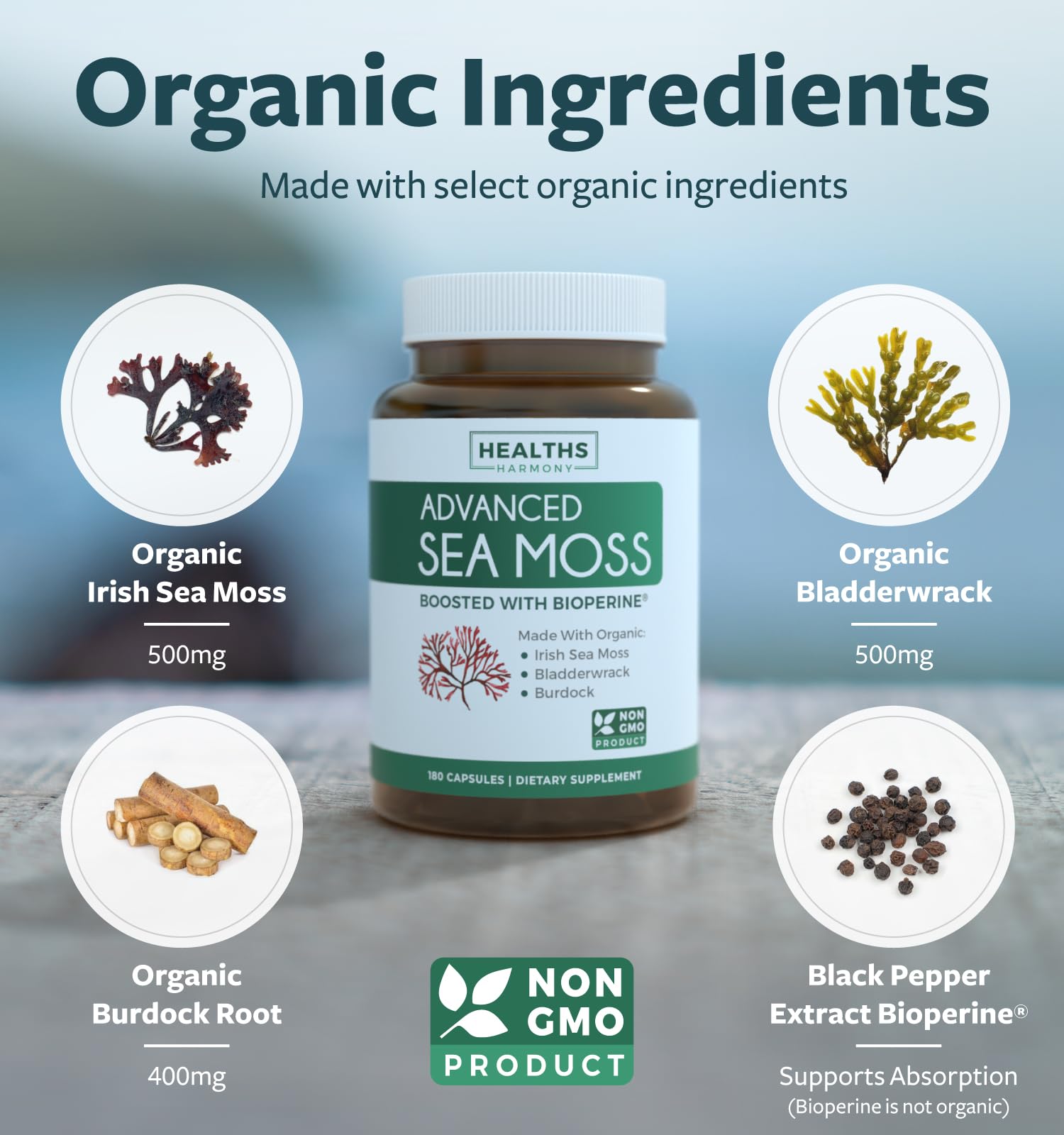 Healths Harmony cápsulas de musgo mar irlandés, etiqueta clara para compras conscientes.