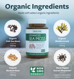 Healths Harmony cápsulas de musgo mar irlandés, etiqueta clara para compras conscientes.