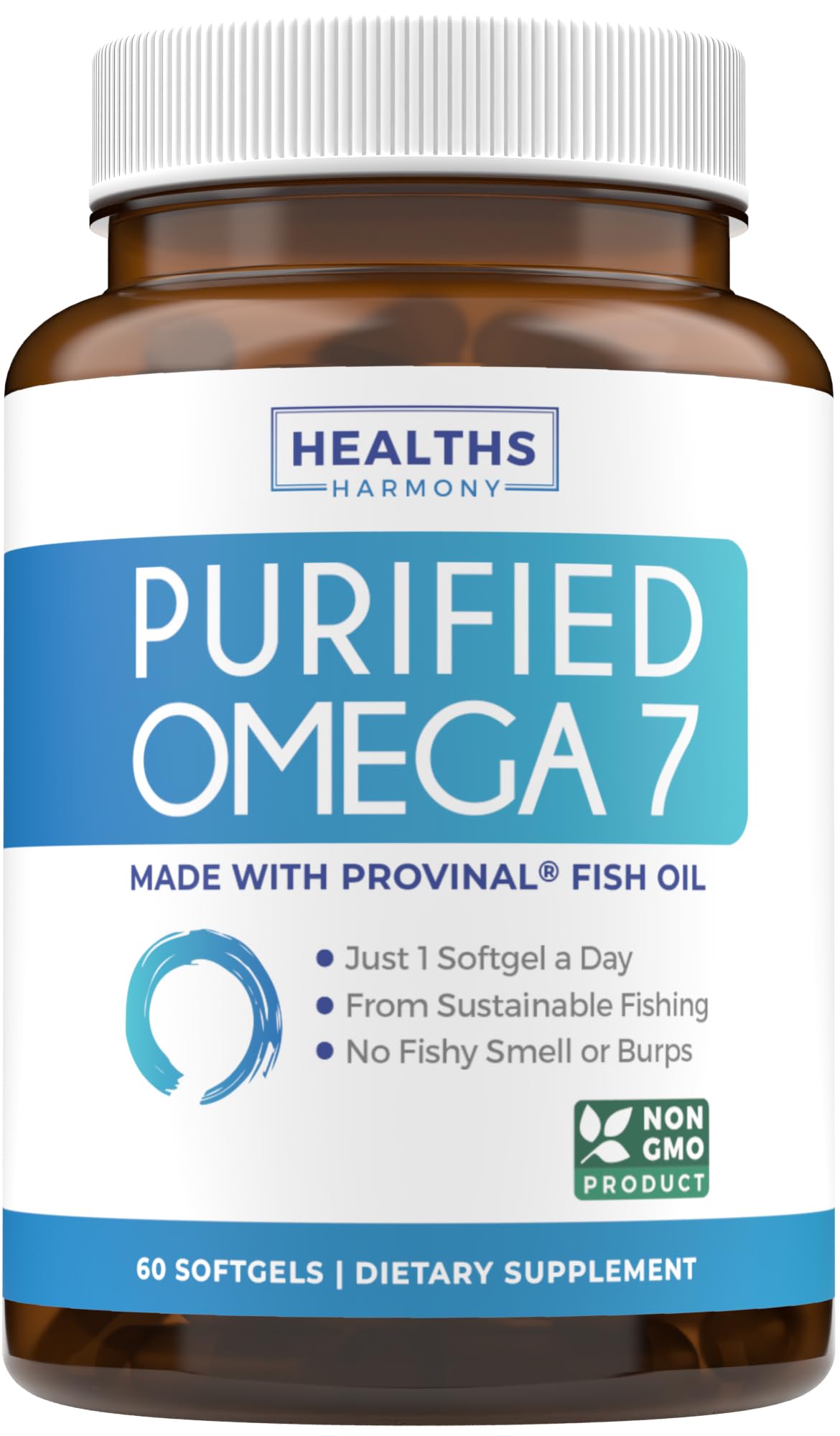 Healths Harmony Omega 7: bote de cápsulas, presentación clara para uso diario.