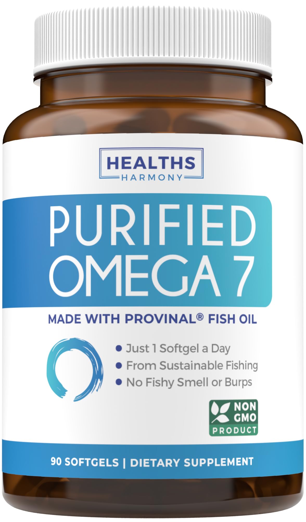 Healths Harmony Omega7 cápsulas, botella visible, apoyo al bienestar general.