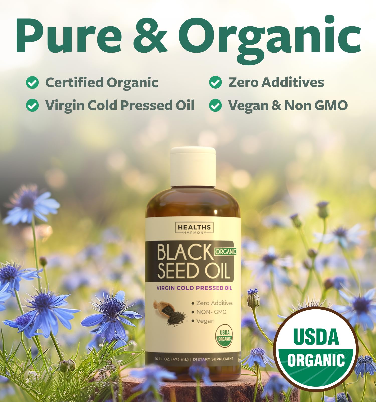 Healths Harmony: aceite prensado en frío de Nigella Sativa para uso versátil en batidos.