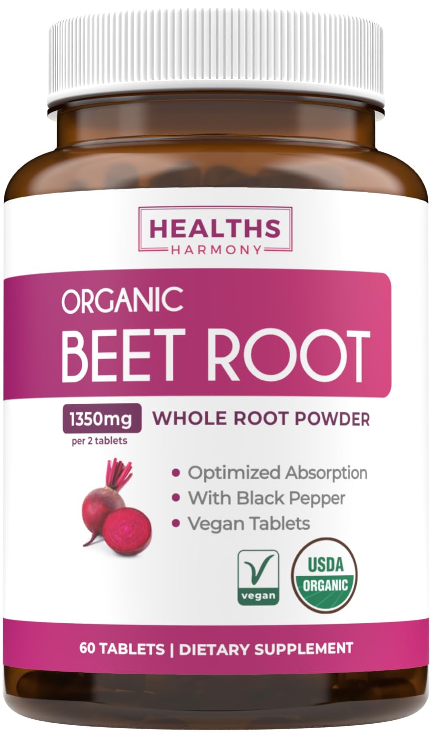 Healths Harmony remolacha orgánica, tabletas de 60 para energía sostenida sin sabor.
