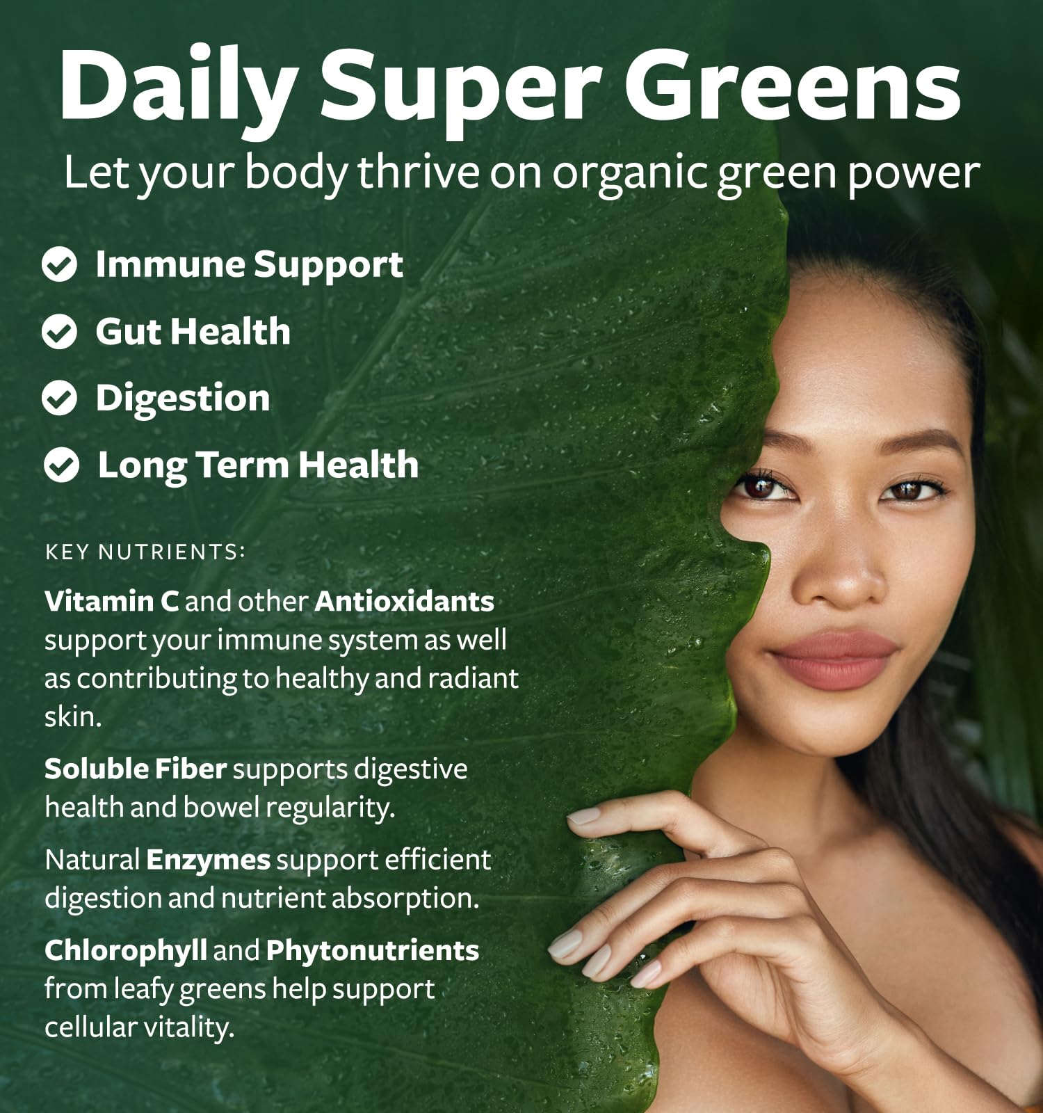 Healths Harmony Super Greens tablets con ingredientes visibles, soporte nutricional diario