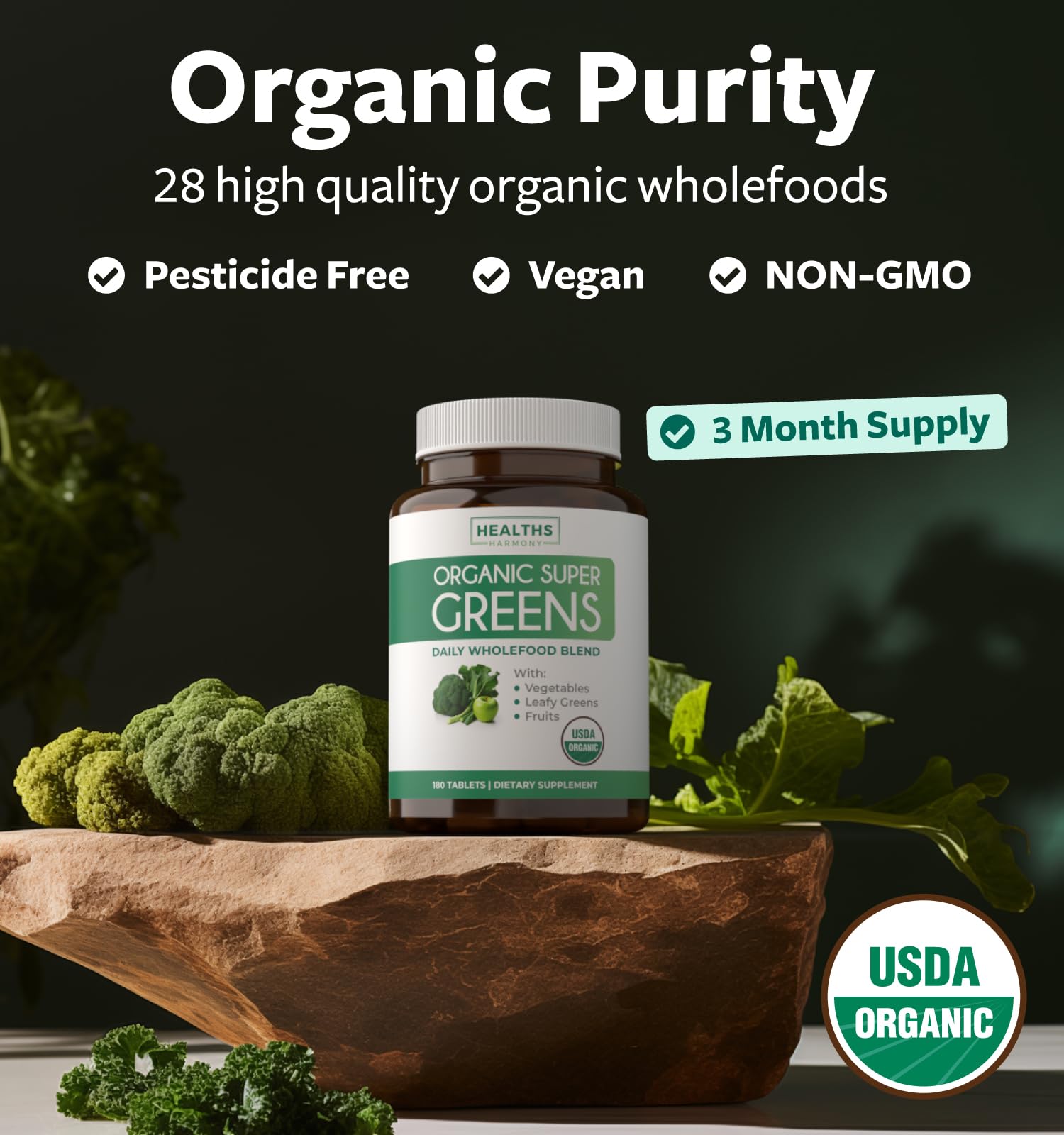 Healths Harmony Super Greens en uso diario, formato de tabletas cómodo para estilo de vida activo