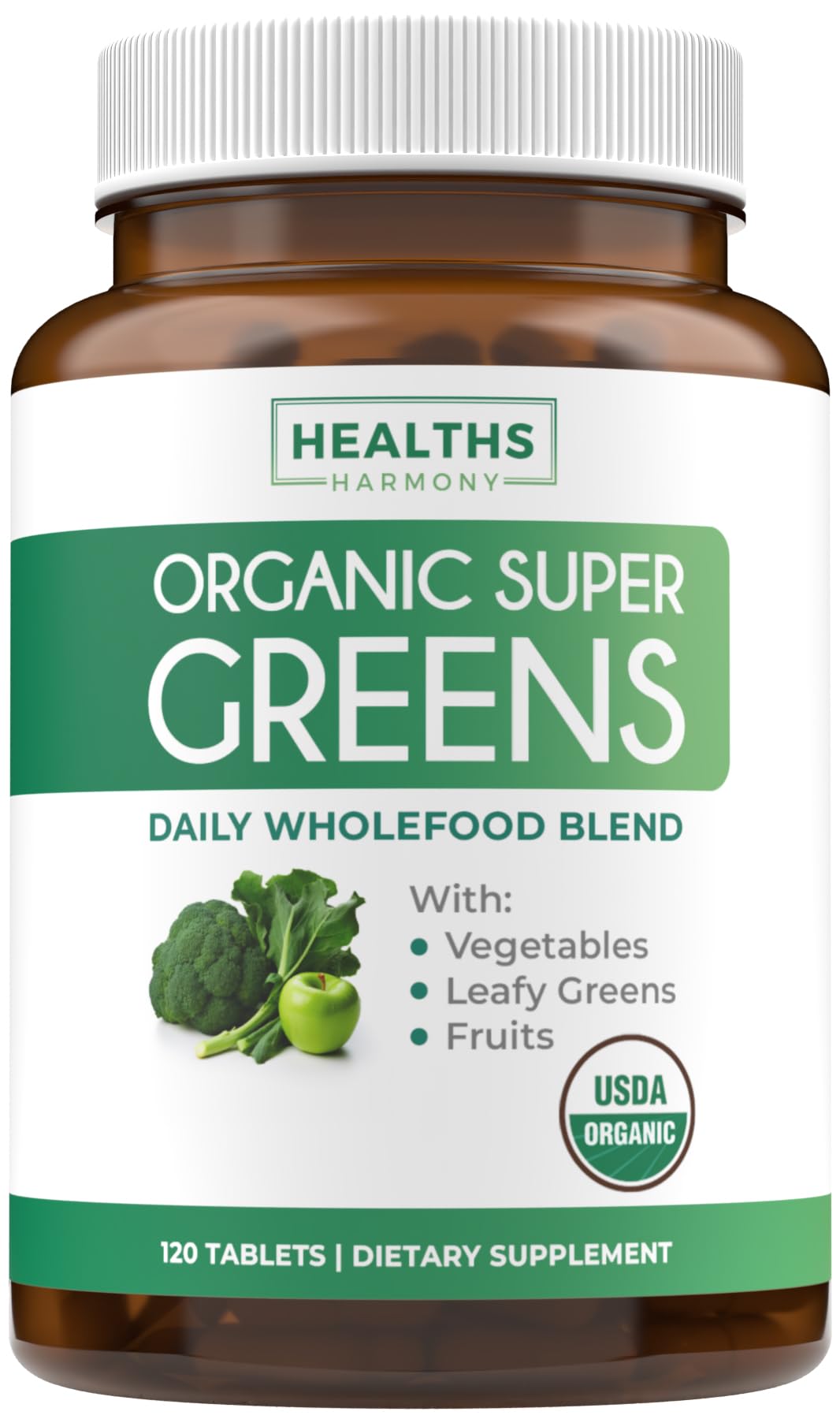 Healths Harmony tabletas supergreens, formato práctico para nutrición diaria.