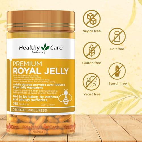 Etiqueta de Healthy Care Jalea Real 1000 con información de origen y dosis.