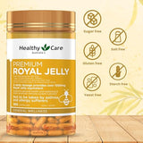 Etiqueta de Healthy Care Jalea Real 1000 con información de origen y dosis.