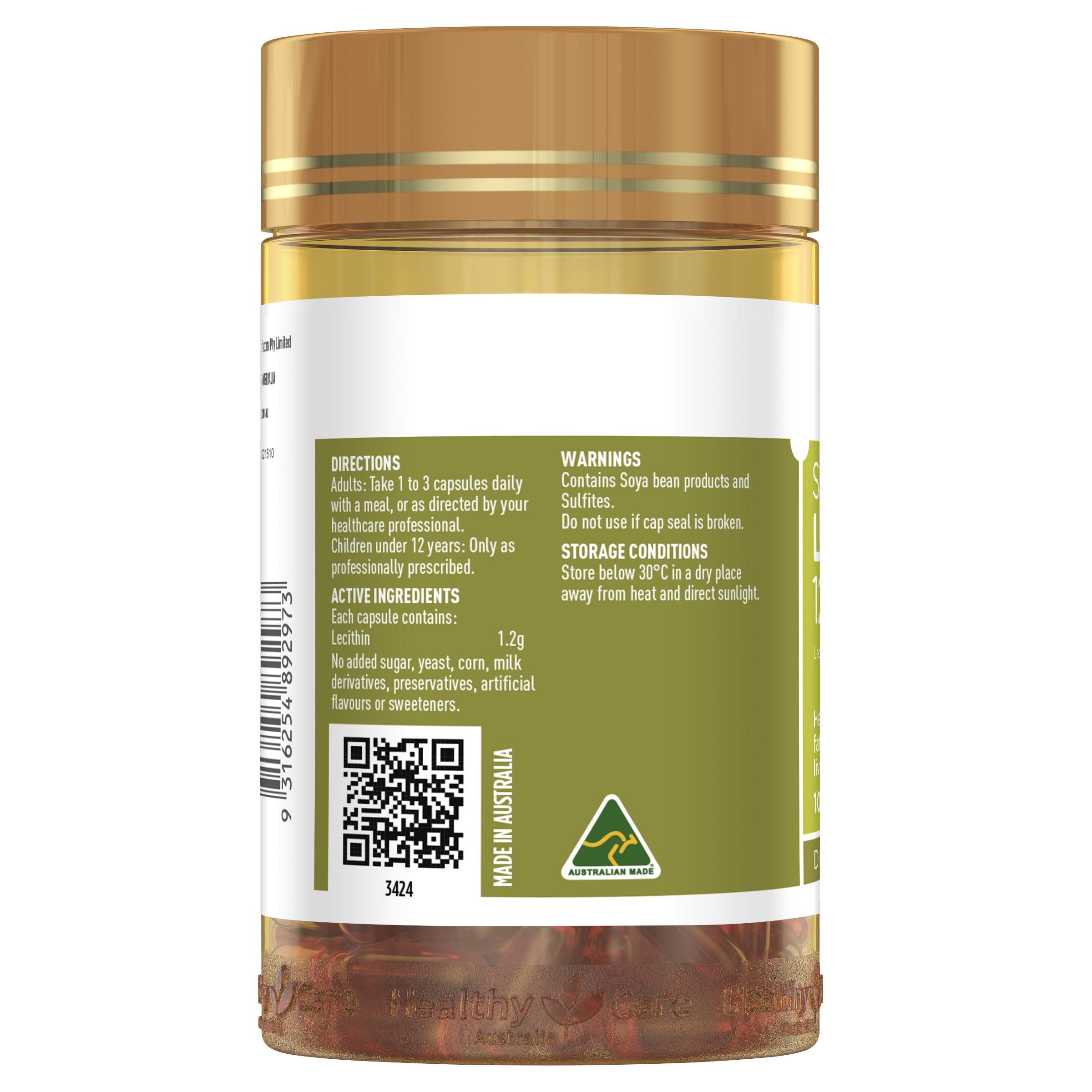Healthy Care Lecitina 1200 mg: etiqueta frontal con información de dosis y beneficios