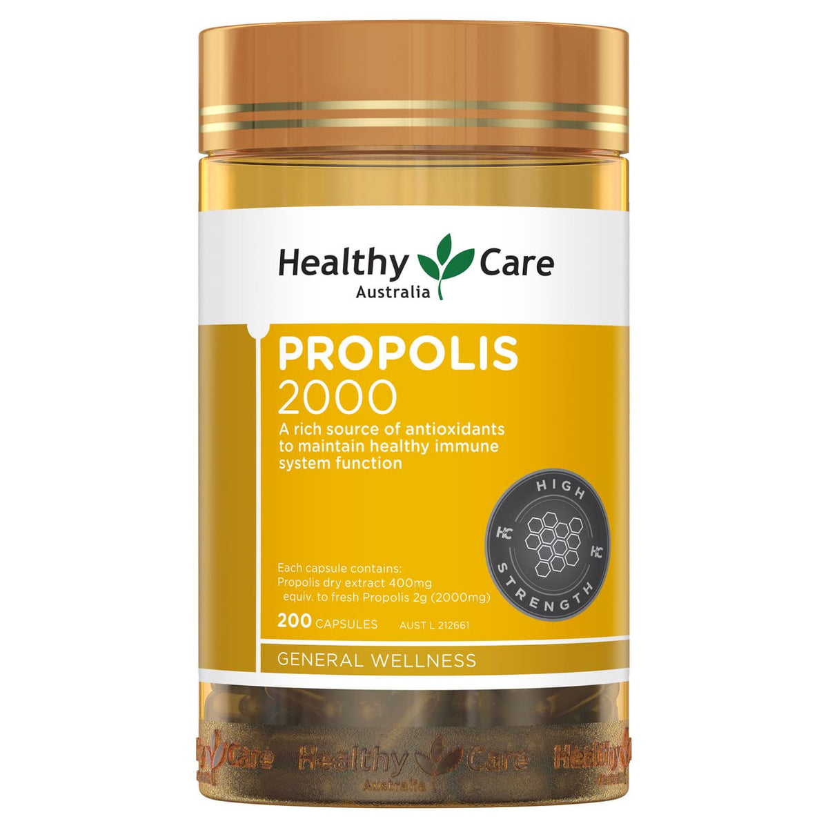 Healthy Care Propolis 2000, botella visible para uso diario y apoyo inmunitario.