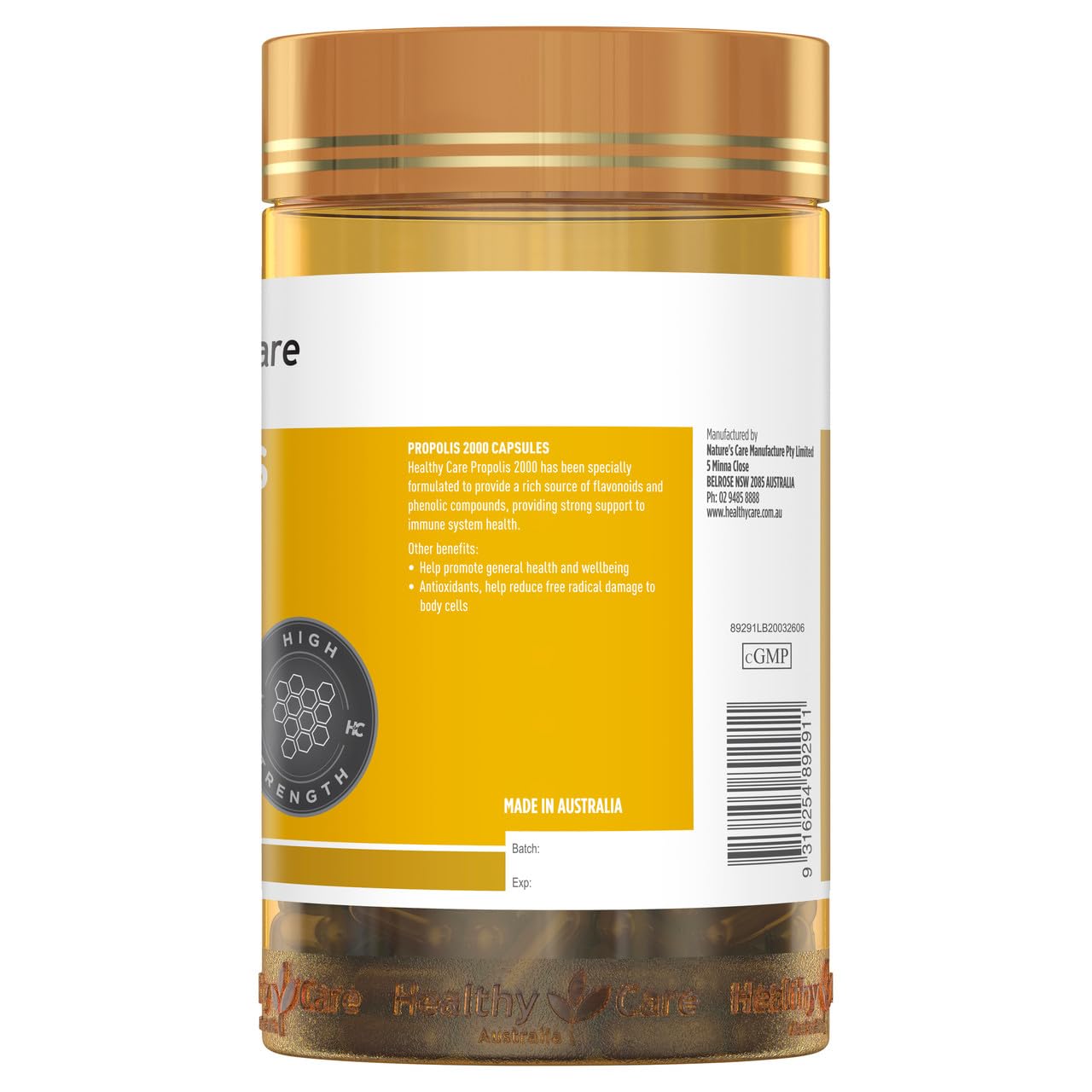 Healthy Care Propolis 2000: caja promocional para presentación en estantería.