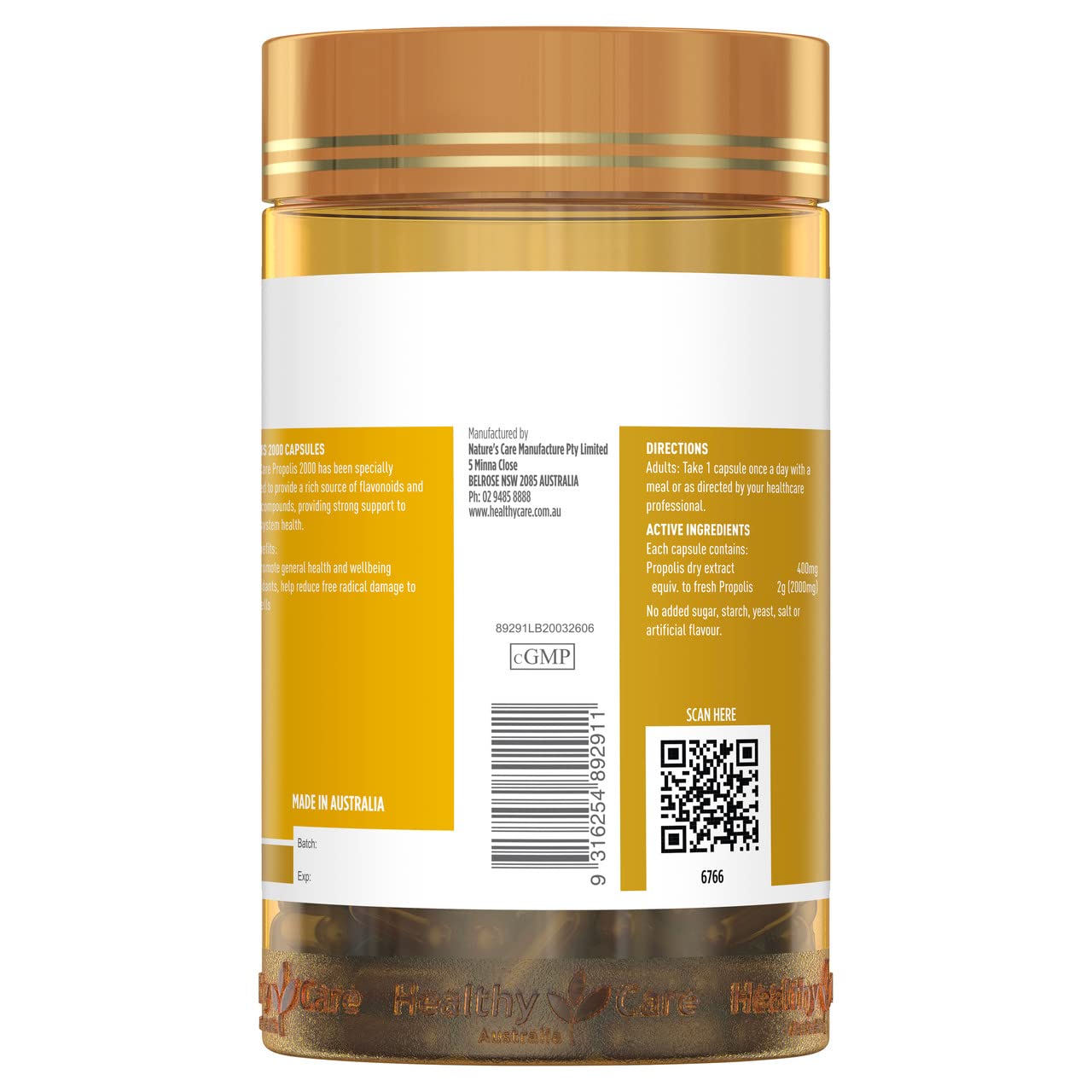 Healthy Care Propolis 2000: cápsulas listas para consumo diario con antioxidantes.