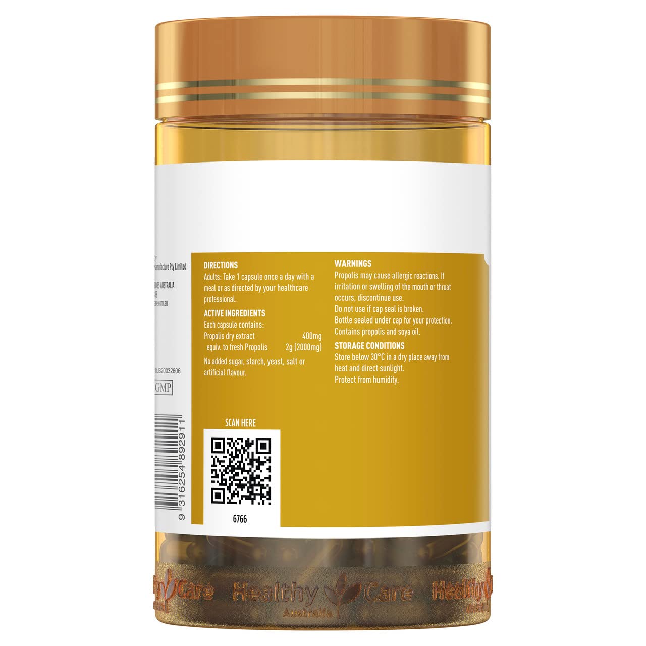 Healthy Care Propolis 2000: etiqueta certificada, garantiza estándares con TGA y cGMP.