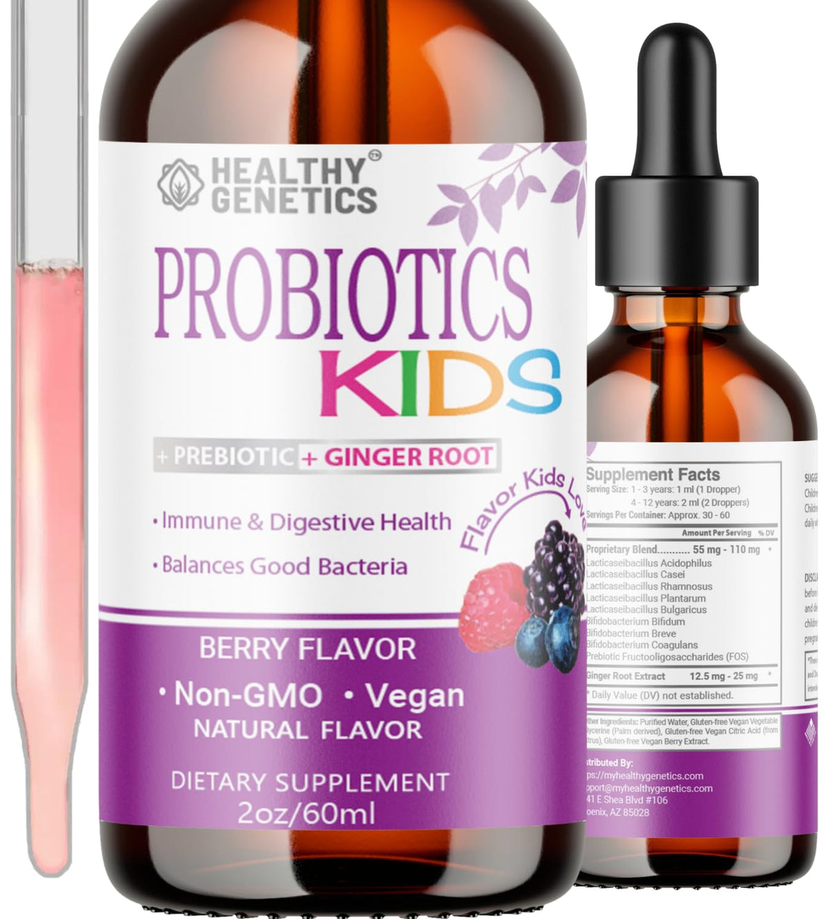 Frasco de Healthy Genetics Probioticos líquidos para niños para uso diario y apoyo digestivo