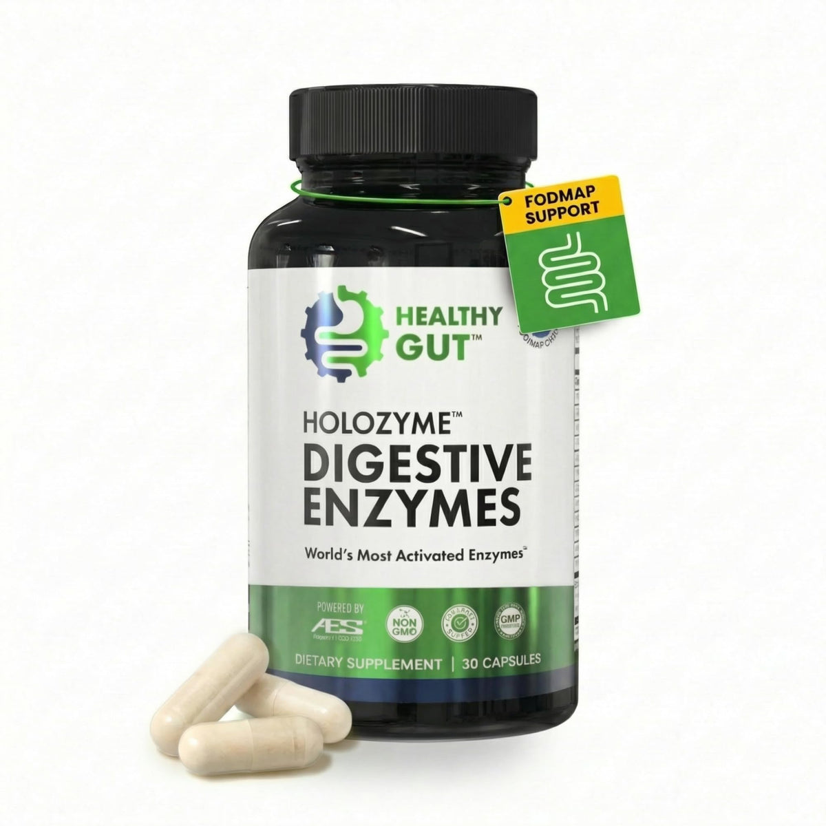 Healthy Gut HoloZyme Max frente a la botella para digestión diaria
