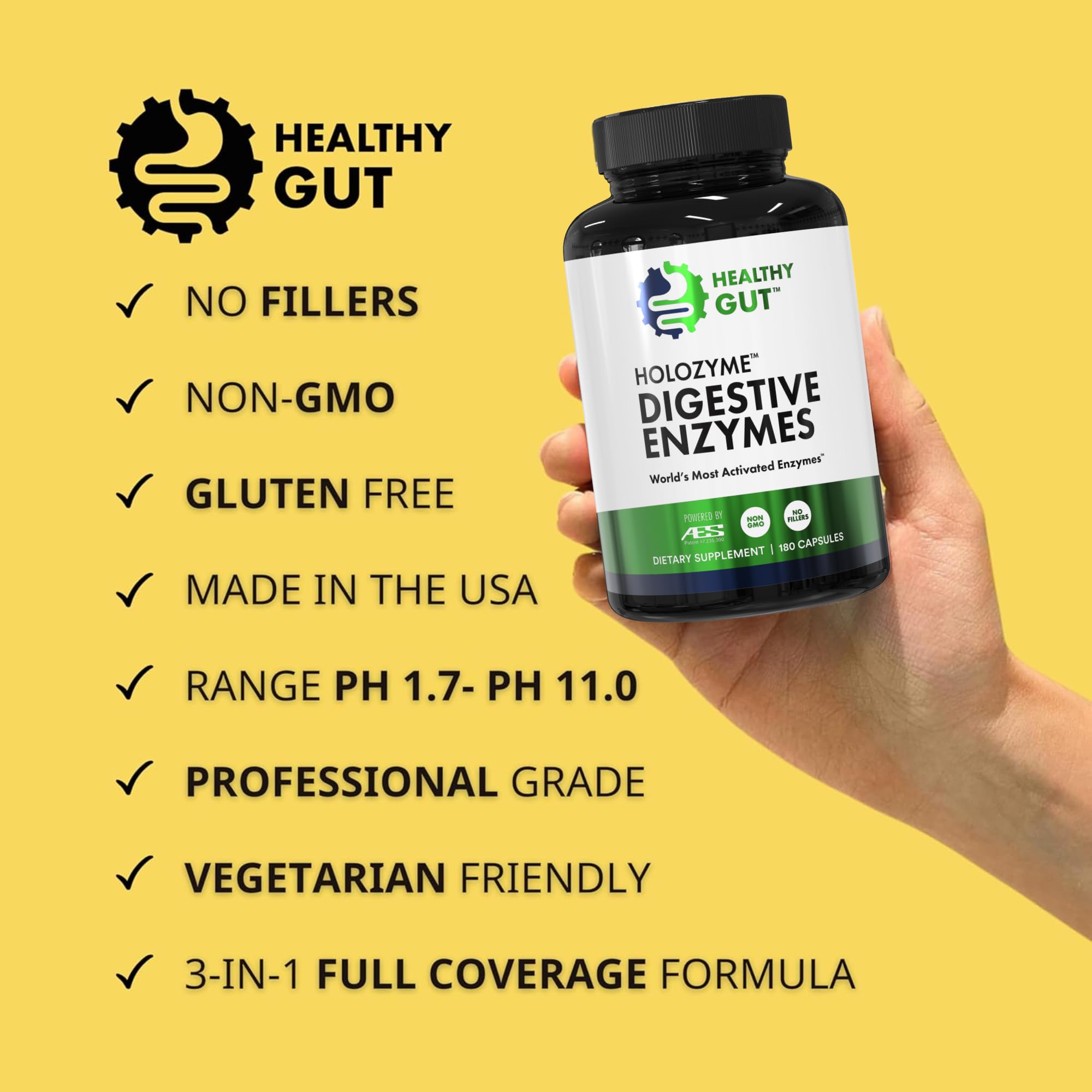 Healthy Gut HoloZyme Max sin rellenos y apto para vegetarianos.