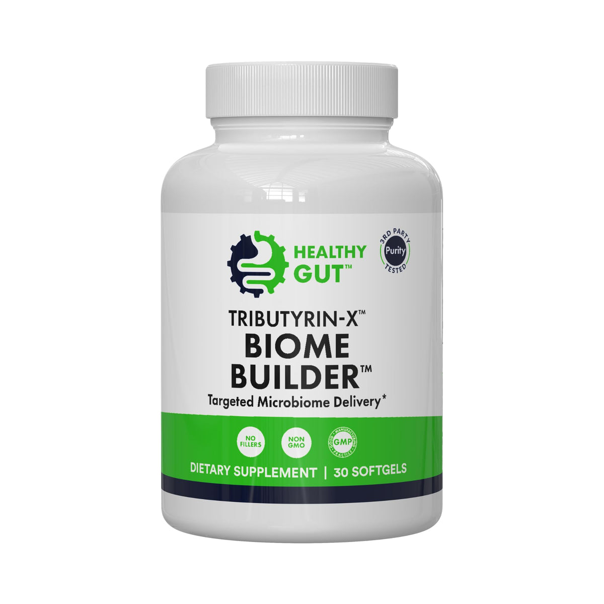 Healthy Gut Tributyrin-X: botella con cápsulas para apoyo digestivo diario.