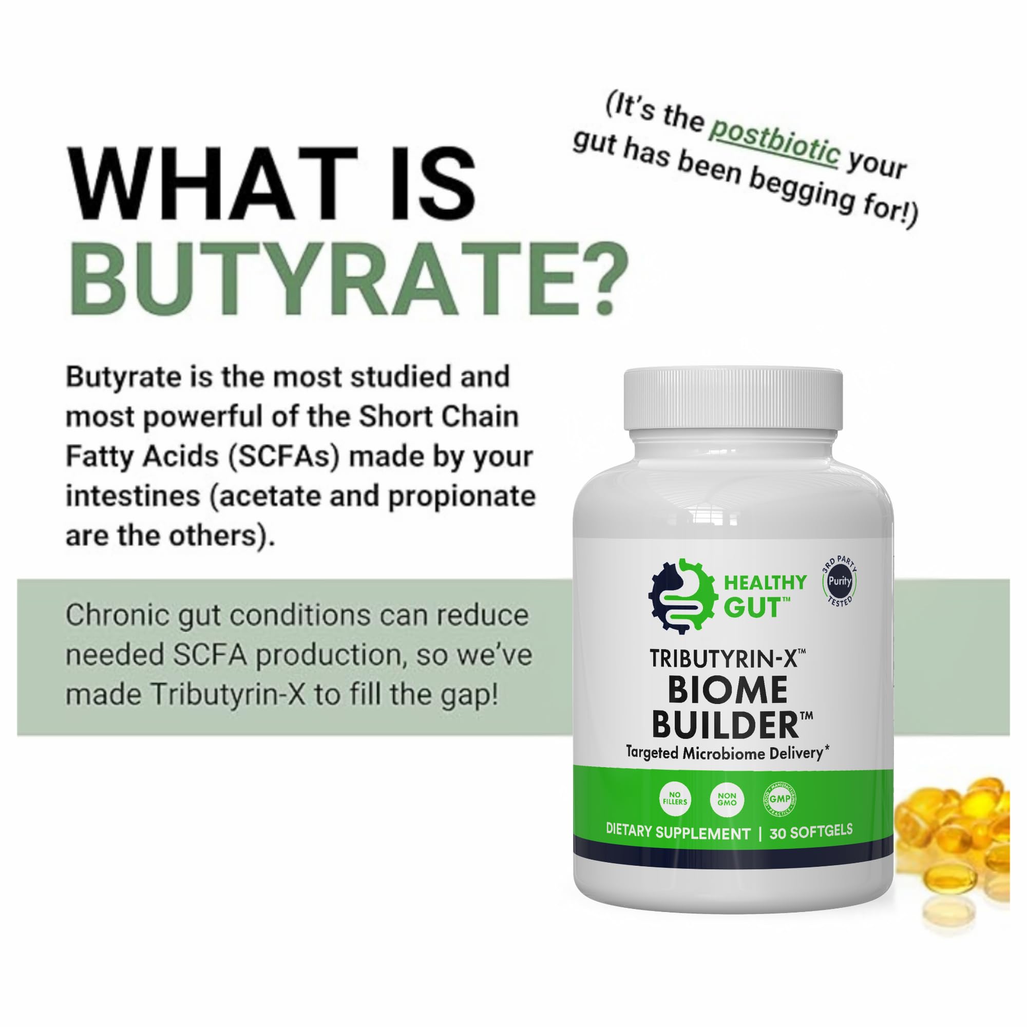 Healthy Gut Tributyrin-X: cápsulas en la mano para uso cómodo en casa.