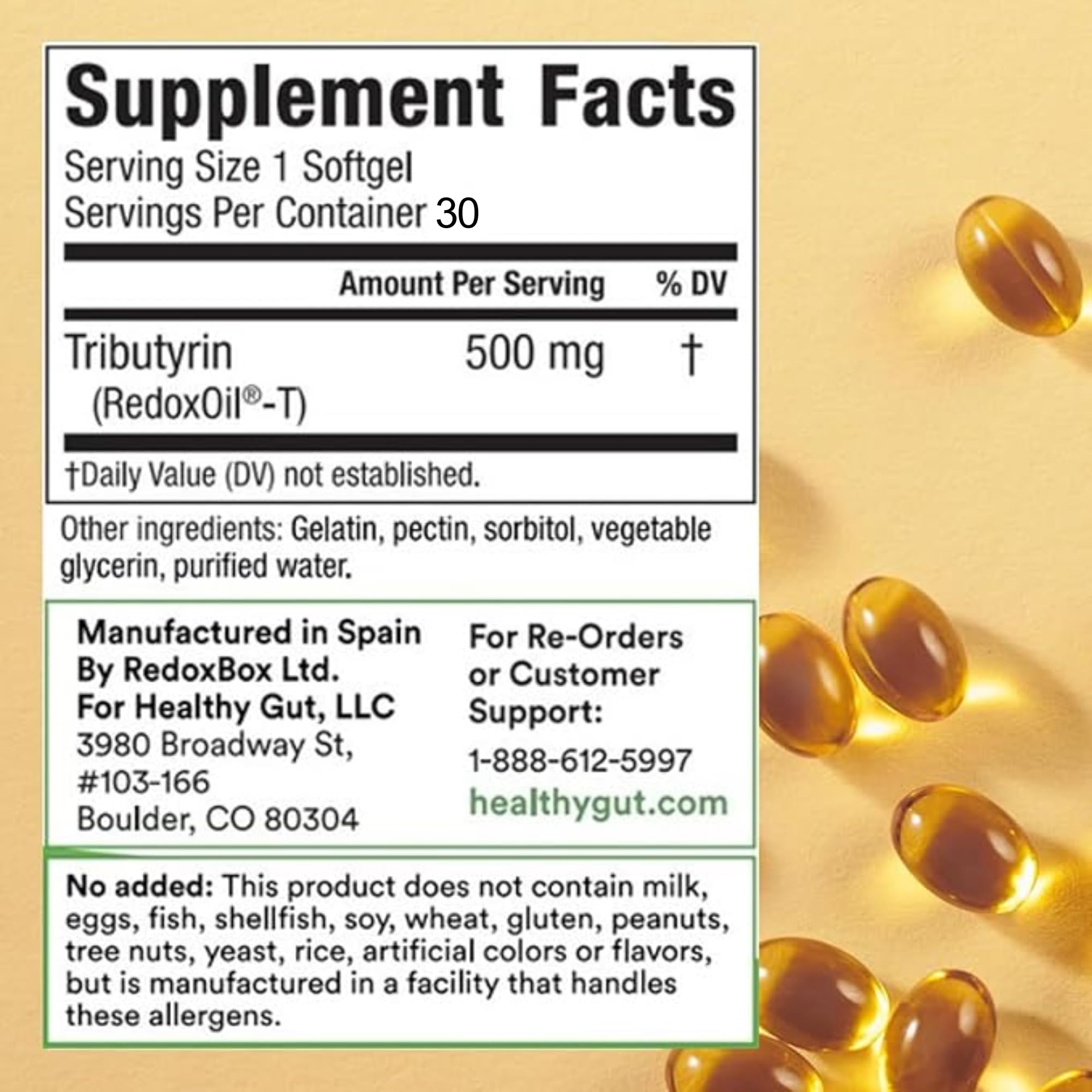 Healthy Gut Tributyrin-X: cápsulas fáciles de tragar para comodidad diaria.