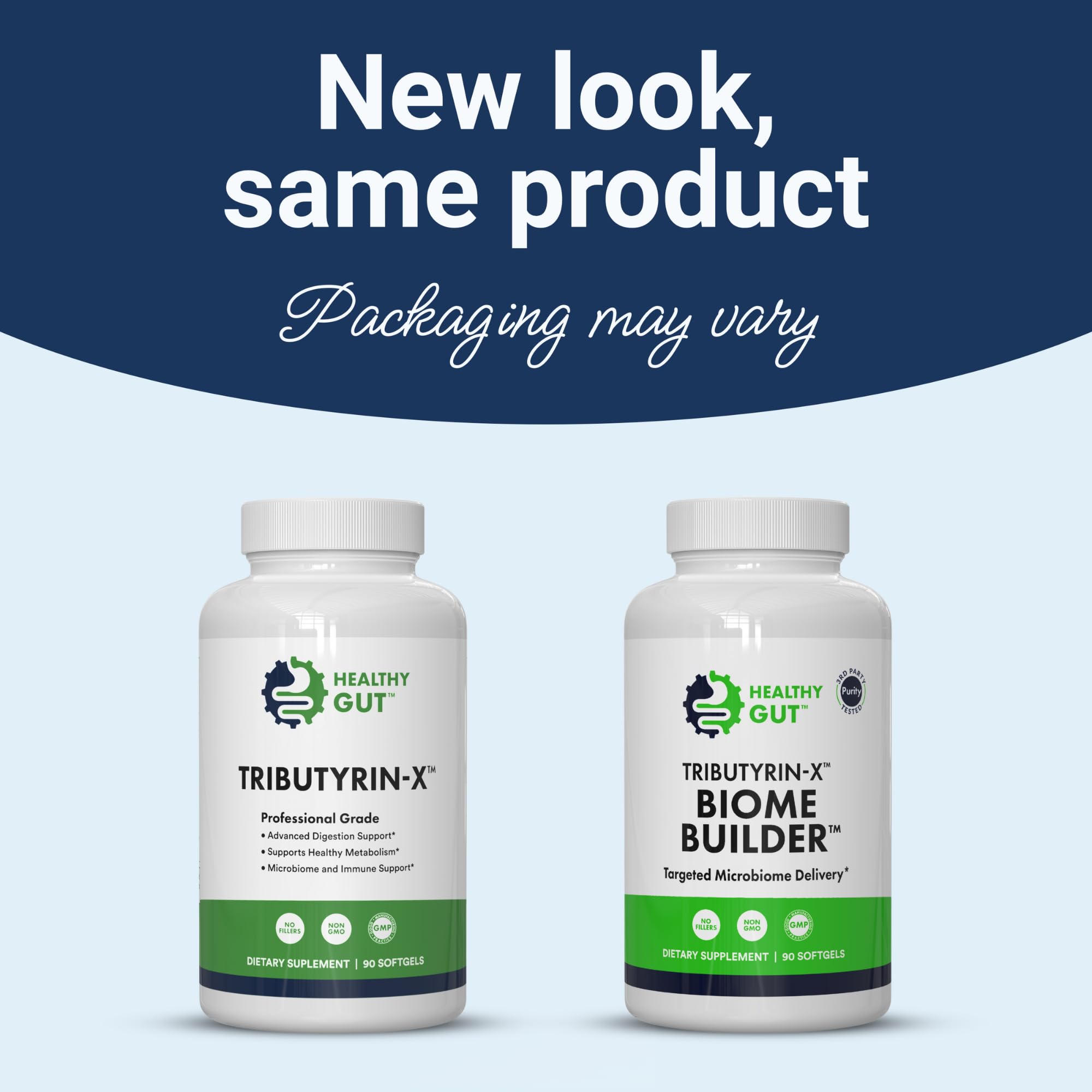 Etiqueta frontal de Healthy Gut Tributyrin-X con información de beneficios postbióticos.