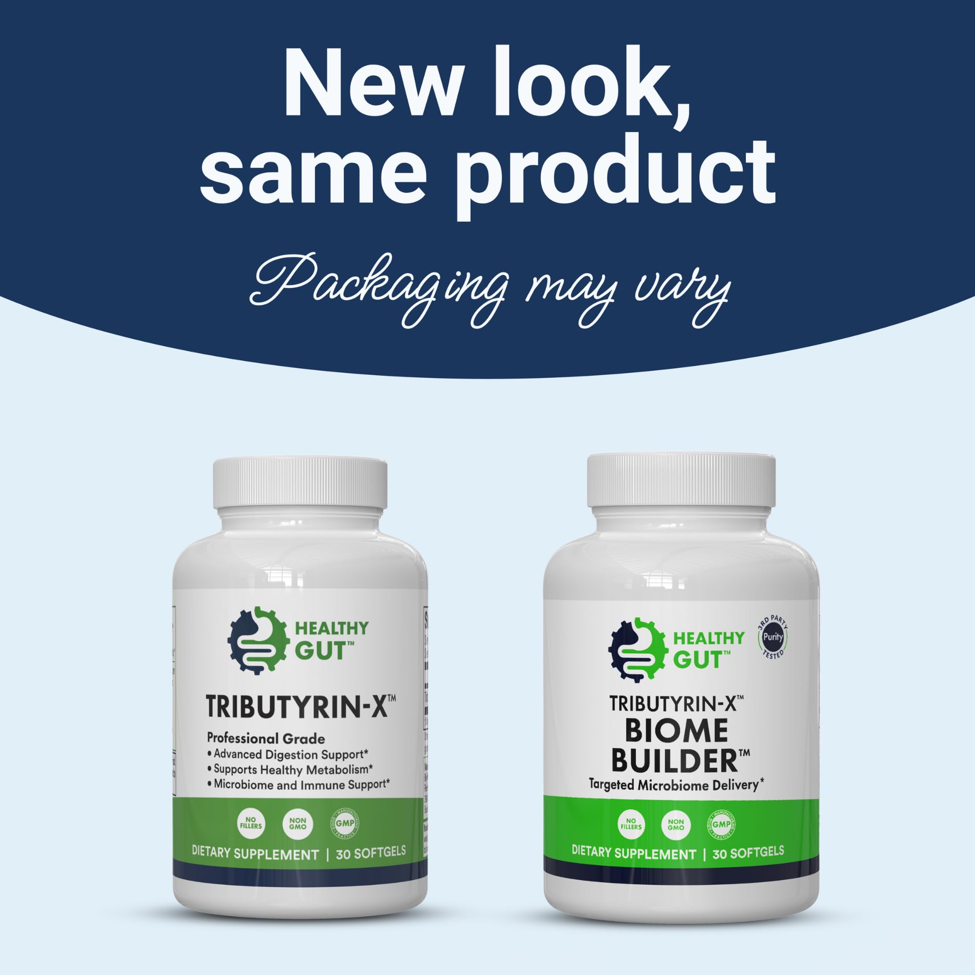 Healthy Gut Tributyrin-X: etiqueta frontal visible para seguimiento de la ingesta diaria.