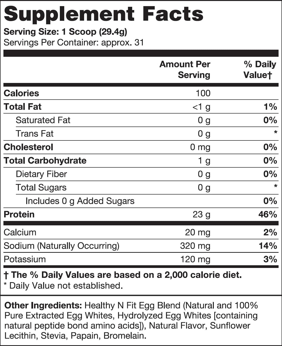 Etiqueta nutricional clara de Healthy 'N Fit proteina huevo banana