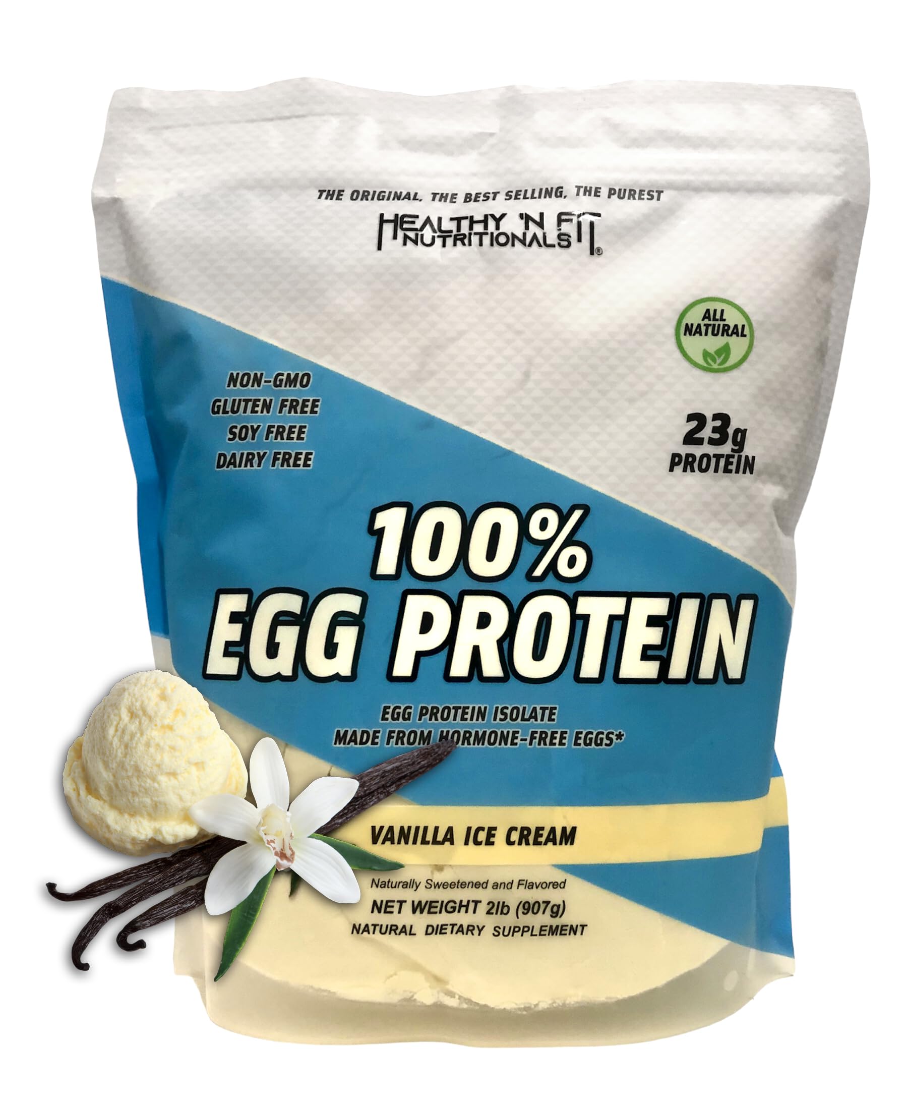 Bote de Healthy 'N Fit proteína de huevo vainilla, 2 libras, ideal para batidos.