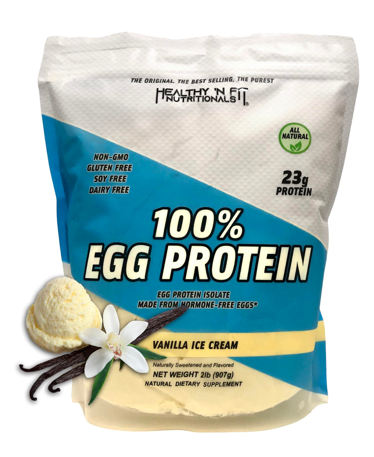 Bote de Healthy 'N Fit proteína de huevo vainilla, 2 libras, ideal para batidos.