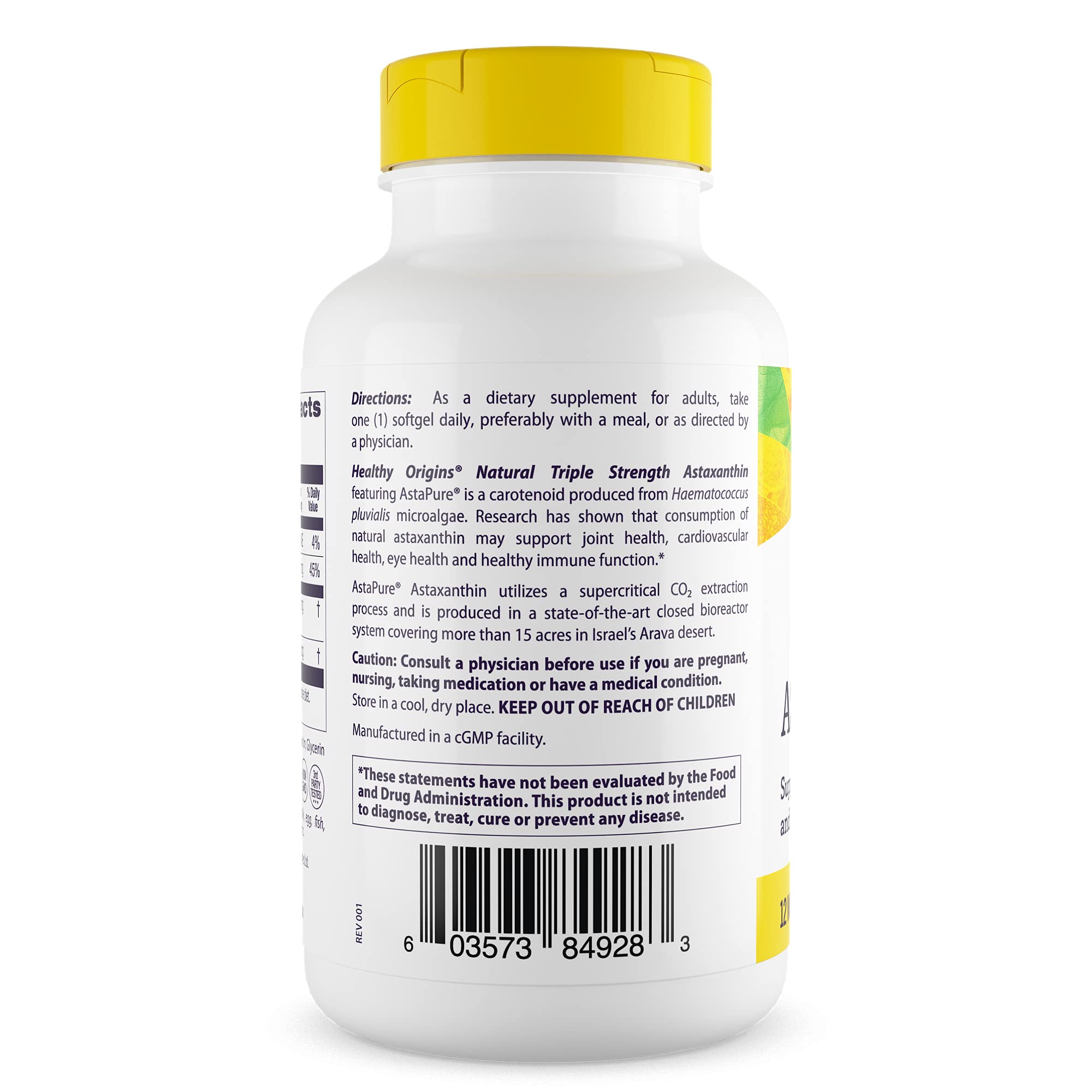 Healthy Origins Astaxantina etiqueta del frasco que resalta AstaPure y pureza.