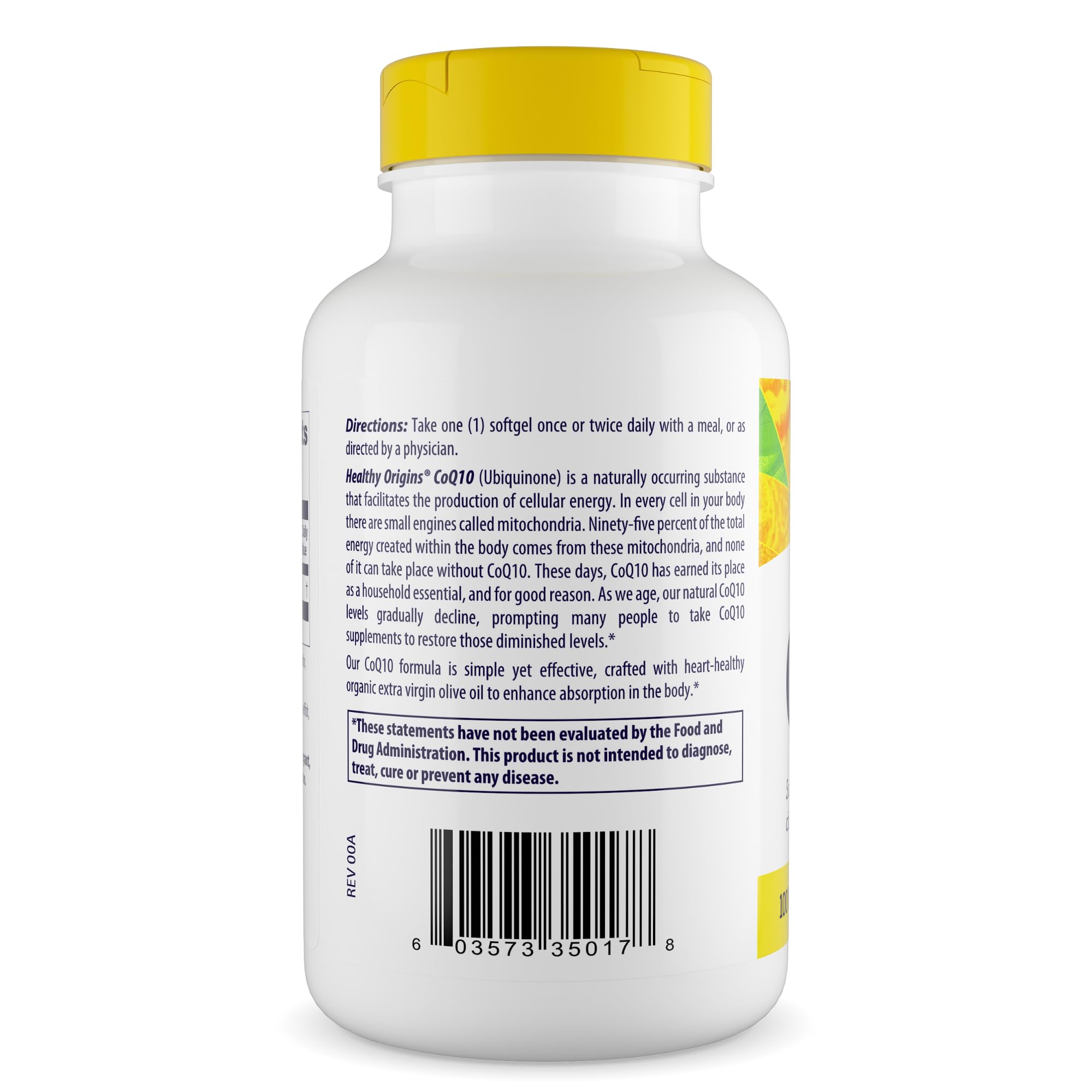 Healthy Origins CoQ10 en botella, enfoque en fermentación de levadura.