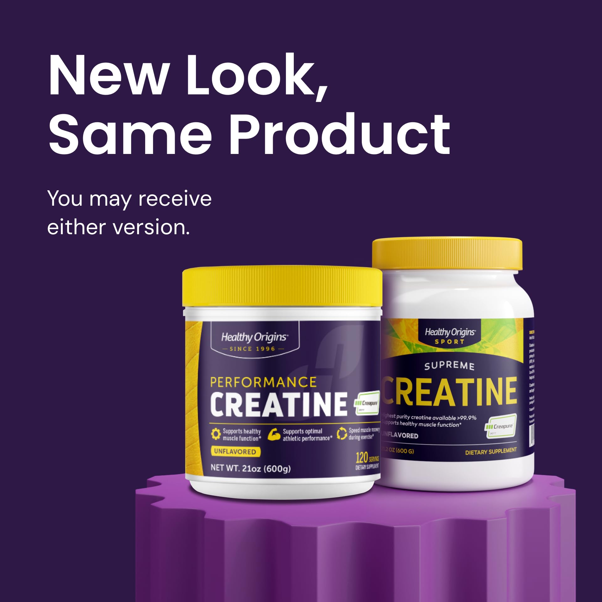 Etiqueta clara en el envase de creatina Healthy Origins