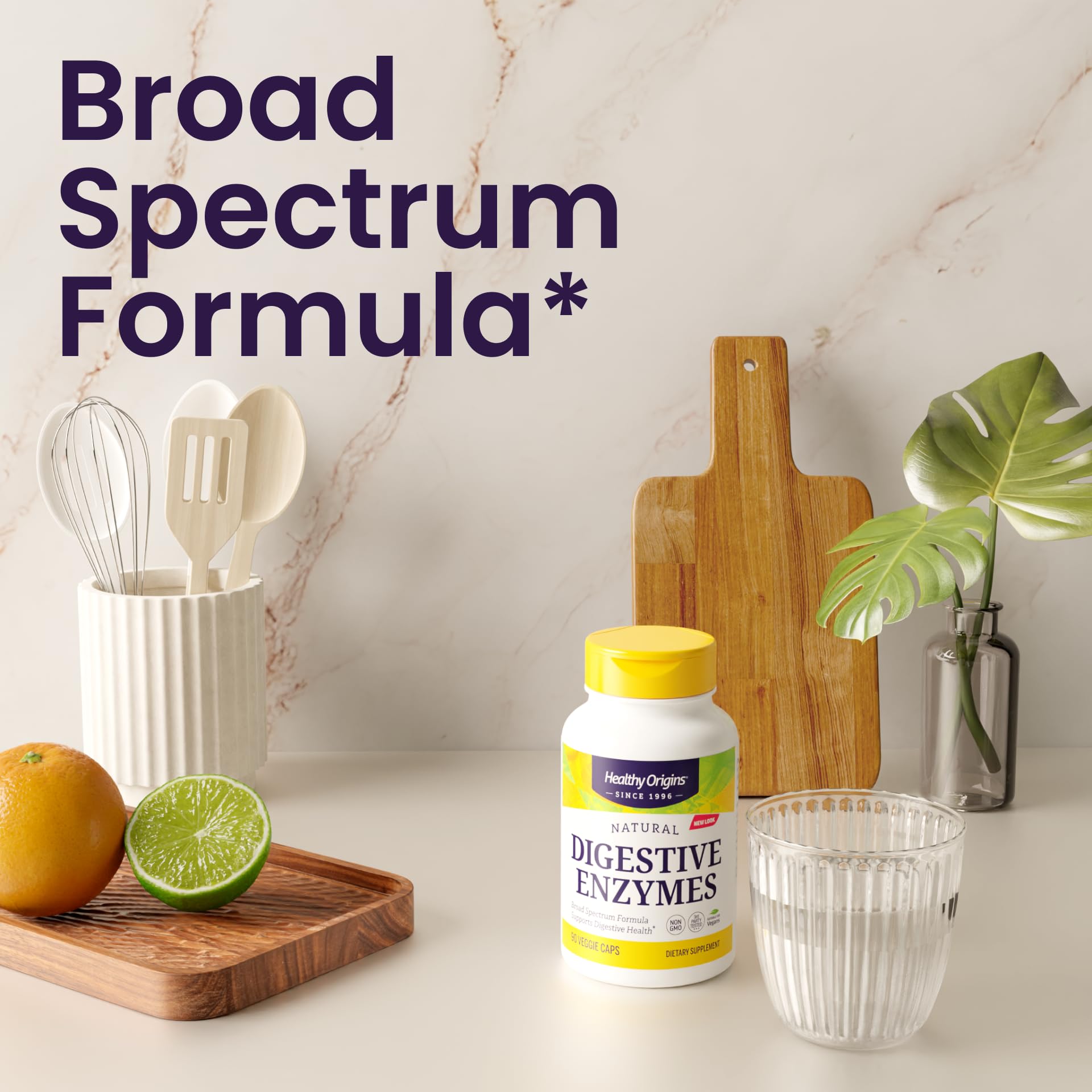 Healthy Origins cápsulas visibles, combinan catorce enzimas para una digestión más completa.