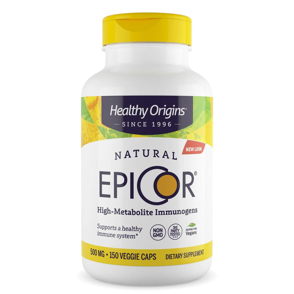 Healthy Origins EpiCor 500 mg: cápsulas vegetales en bote, apoyo inmunitario diario.