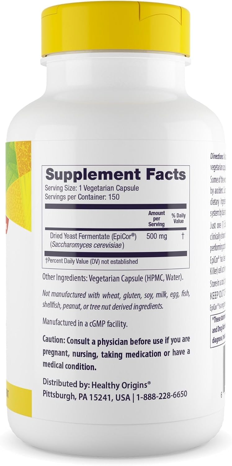 Healthy Origins EpiCor 500 mg: envase con etiqueta frontal para decisiones saludables.