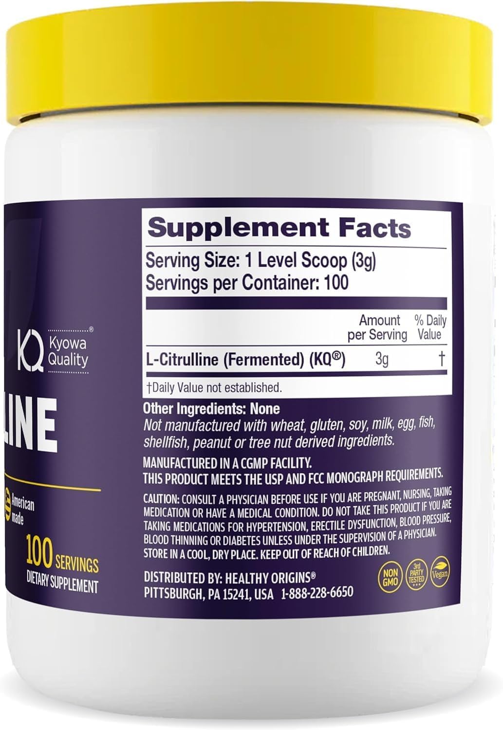 Healthy Origins L-Citrulline: etiqueta clara resalta ingredientes y uso en entrenamientos.